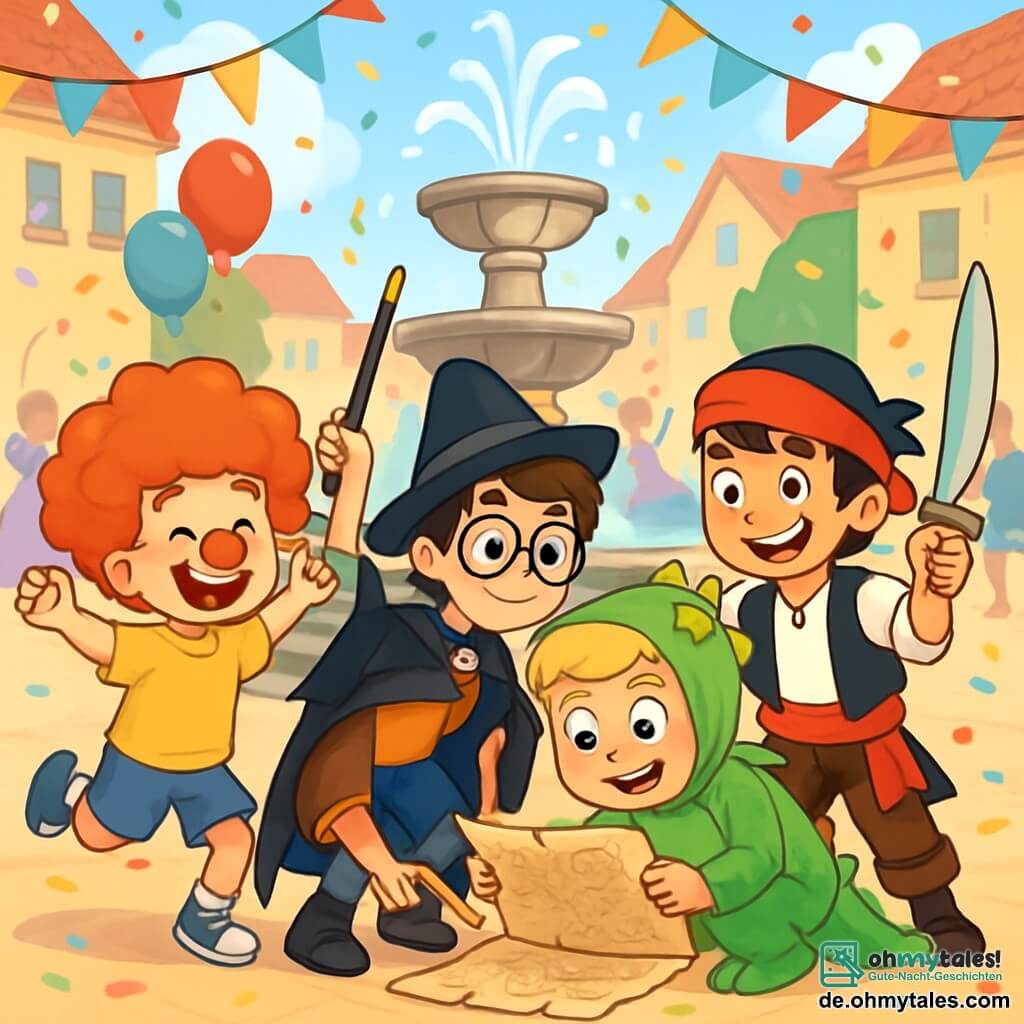 Es gibt vier Kinder: - Leo: Ein 10-jähriger Junge mit heller Haut und lockigem Haar, der eine große rote Clownperücke und eine rote Clownsnase trägt. Er springt vor Freude neben dem Brunnen. - Tom: Ein 11-jähriger Junge mit braunen Haaren und Brille, der als Zauberer mit einem schwarzen Umhang und einem schiefen Hut gekleidet ist. Er hält einen Zauberstab und schaut neugierig auf die Karte. - Benjamin: Ein 10-jähriger Junge mit blonden Haaren und Sommersprossen, verkleidet als Drache mit glänzenden grünen Schuppen. Er hockt und untersucht den Boden um den Brunnen auf der Suche nach Hinweisen. - Sami: Ein 12-jähriger Junge mit schwarzen Haaren und einem roten Bandana, der in einem Piratenkostüm mit einem Plastikschwert gekleidet ist. Er steht und zeigt mit einem breiten Lächeln auf die Karte. Der Ort ist ein belebter Dorfplatz, geschmückt mit bunten Girlanden und schwebenden Ballons. Pastellfarbene Häuser umgeben den Platz, und ein großer Ste Brunnen steht im Zentrum mit sprudelndem, glitzerndem Wasser. Menschen in festlichen Kostümen tanzen und lachen um sie herum, während Konfetti durch die Luft fliegt. Die Hauptsituation zeigt die vier Freunde, die eine geheimnisvolle Karte neben dem Brunnen entdecken, ihre Gesichter erleuchtet von der Aufregung über das bevorstehende Abenteuer. Sie sind umgeben von lebhaften Farben und Karnevalsdekorationen, bereit, das Geheimnis des Schatzes des ersten Erzählers zu lösen.