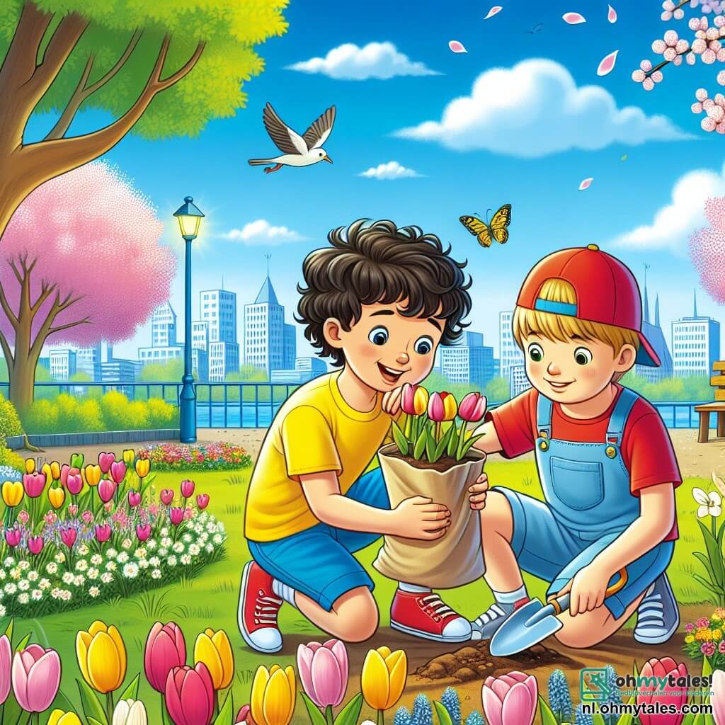 In een bloeiende park zijn twee jongens van 11 jaar bloemen aan het planten. Daan, een jongen met bruin, krullend haar, draagt een felgele t-shirt en een blauwe short. Hij zit op de grond met een kleine schep en een grote glimlach op zijn gezicht. Naast hem staat Sam, een kleinere jongen met blond haar en een rode pet, enthousiast met een zakje zaden in zijn hand. Het park is vol met kleurrijke tulpen en bloeiende kersenbomen onder een heldere blauwe lucht met witte wolken. Vogels zingen in de bomen en vlinders fladderen om hen heen, wat een vleugje magie aan de scène toevoegt. De twee vrienden zijn gefocust op hun taak, zaden in de grond plantend, vol verwachting om hun bloemen te zien groeien. De sfeer is vrolijk en vol leven, wat het nieuwe leven van de lente symboliseert.