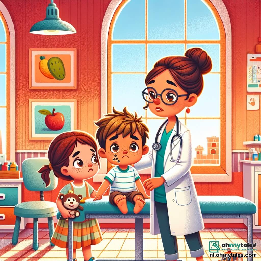 In een warme kliniek staat een vrouwelijke arts, Dokter Linde, centraal in het beeld. Ze draagt een grote witte jas, heeft bruin haar in een knot en een welwillende glimlach op haar gezicht. Ze luistert aandachtig naar een kleine jongen, Timmy, die ongeveer 7 jaar oud is, met een bezorgde uitdrukking en een klein pruillipje. Timmy heeft rommelig blond haar en een chocoladevlek op zijn wang, en hij zit op een onderzoekstafel met zijn benen te bengelen. Naast hen kijkt een moeder, een vrouw van een dertig jaar, met bruin haar en een bril, bezorgd toe. Ze houdt de hand van haar dochter, Sophie, een klein meisje van 5 jaar, die rode wangen en een vermoeide uitdrukking heeft. Sophie ligt tegen haar moeder aan met een knuffel in haar armen. De kliniek is versierd met warme rode muren, kleurrijke posters van fruit en groenten, en speelgoed verspreid over de vloer. Een groot raam laat zonlicht binnen, dat de kamer verlicht. In deze scène onderzoekt Dokter Linde Timmy terwijl ze de moeder en haar dochter geruststelt, die op hun beurt wachten. De sfeer is zacht en gastvrij, vol medeleven en hoop.