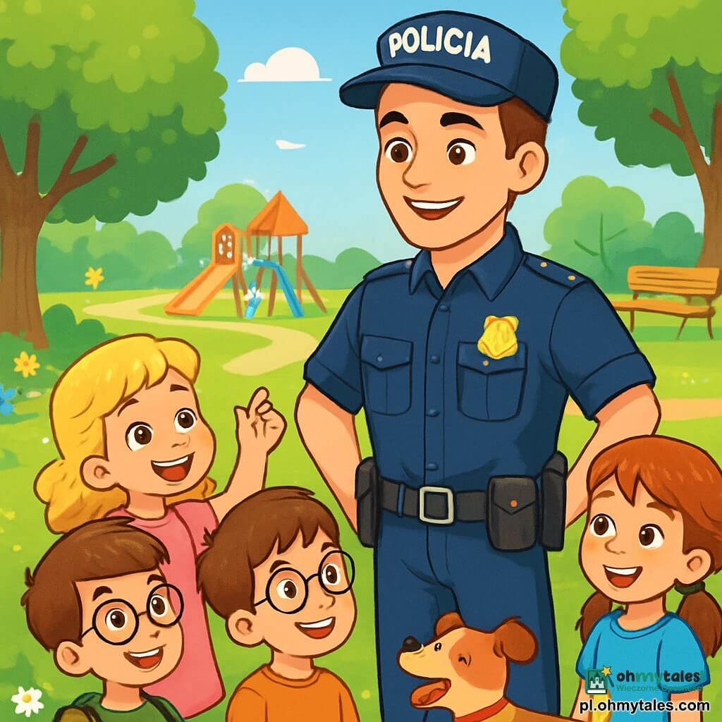 Policjant, mężczyzna w wieku około trzydziestu lat, stoi z ciepłym uśmiechem na twarzy, ubrany w nienaganny ciemnoniebieski mundur i pas z różnymi narzędziami. Jego brązowe włosy są zaczesane do tyłu, a oczy lśnią determinacją. Rozmawia z grupą radosnych dzieci, wszystkich w wieku około 8 lat, które słuchają go uważnie, z błyszczącymi oczami podziwu. Wśród nich mała dziewczynka z blond, kręconymi włosami, ubrana w różową sukienkę, podnosi rękę, aby zadać pytanie, podczas gdy chłopiec w okularach i brązowymi włosami, ubrany w zielony t-shirt, uśmiecha się, kiwając głową. Scena ma miejsce w zielonym parku, gdzie majestatyczne drzewa dają cień, a kolorowe kwiaty dodają radości. Drewniane ławki są rozsiane wokół ruchliwego placu zabaw, gdzie inne dzieci bawią się. Policjant tłumaczy dzieciom znaczenie bezpieczeństwa i wzajemnej pomocy, podczas gdy mały piesek radośnie bawi się u ich stóp, dodając lekkości temu pięknemu słonecznemu dniu.