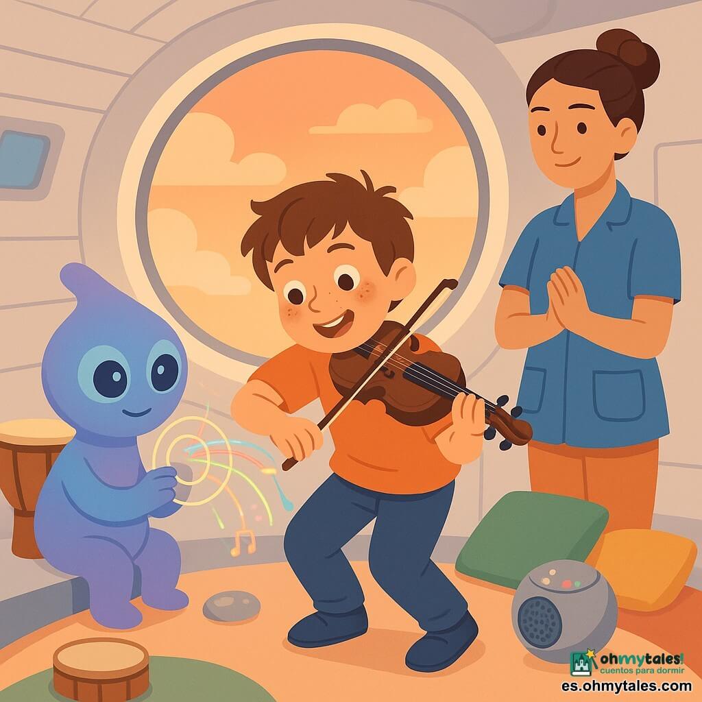Un niño de 8 años, rostro redondo con pecas, cabello castaño despeinado y expresión maravillada y sonriente, sostiene un pequeño violín bajo el mentón y toca una melodía, cuerpo inclinado hacia adelante; a su derecha, la tía Mara, mujer de unos 35 años con el pelo recogido en un moño y blusa azul, lo observa con mirada benigna y manos juntas o aplaudiendo suavemente; a la izquierda, un extraterrestre Nubo en forma de gota con piel irisada azul-violeta y grandes ojos tranquilos toca un anillo de cristal luminoso (el Zunil) cuyos hilos de luz producen notas; cerca de los pies del niño hay un pequeño dron esférico metálico del tamaño de una naranja con LED que parpadean como si escuchara; el escenario es el interior luminoso y circular de una estación espacial con pared blanca curva, una gran ventana circular que muestra nubes y un cielo anaranjado al atardecer, una mesa con instrumentos (tambor, kalimba) y cojines en el suelo; la escena es cálida y sonora, con composición centrada, colores pastel contrastados, líneas limpias y una atmósfera tierna y curiosa.