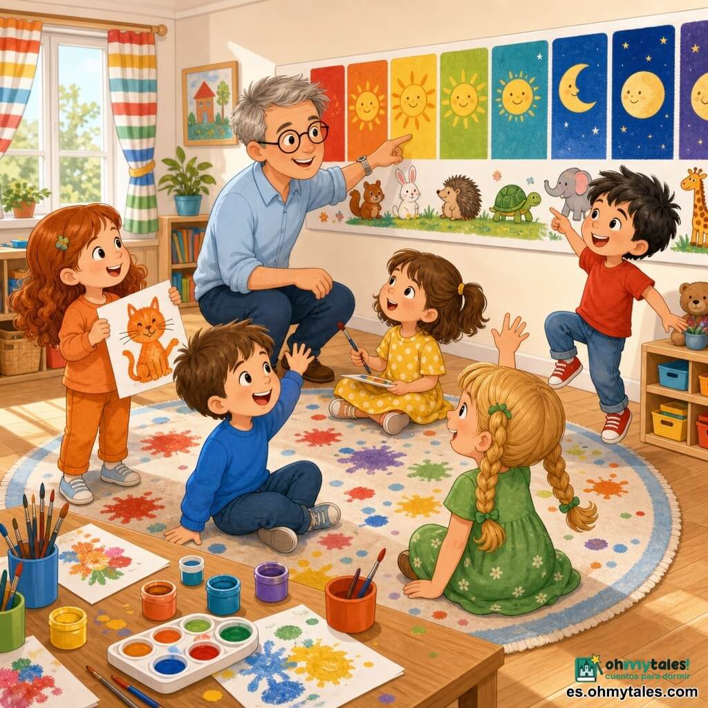 Un maestro hombre, sonriente y amable, cabello corto gris y gafas redondas, camisa azul claro y reloj plateado, se inclina señalando una franja mural colorida; la alumna Martina, unos 5 años, coletas morenas y vestido amarillo con lunares, sostiene un pincel y mira asombrada sentada en la alfombra; Pablo, niño de 5 años, cabello negro despeinado y camiseta roja, salta de alegría señalando un elefante dibujado; Lucía, niña de 5 años, trenzas rubias y vestido verde, levanta la mano sonriendo en primera fila; Marta, niña de 5 años, pelirroja con ropa naranja, muestra orgullosa un dibujo de un gato naranja junto a una mesa baja; Tomás, niño de 5 años, castaño con sudadera azul, ríe y levanta la mano sentado en la alfombra; la clase es luminosa con paredes blancas, suelo de madera clara y grandes ventanas con cortinas a rayas; la franja mural muestra los días de la semana, soles, lunas y pequeños animales; sobre la mesa hay botes de pintura vivos, hojas y pinceles, y manchas de color en la alfombra; situación principal: el maestro muestra la franja mientras los niños pintan y sonríen en un ambiente cálido y lleno de colores vivos.