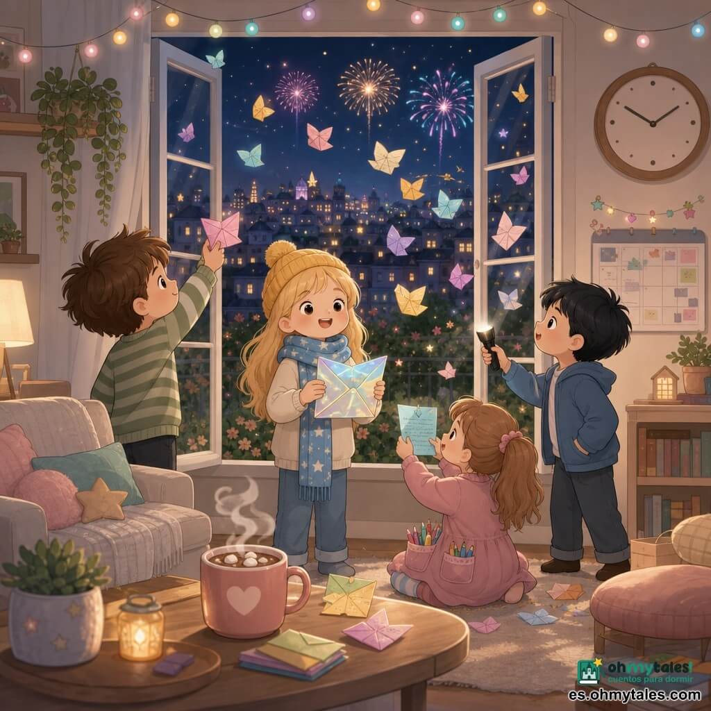 Cuatro niños de 10 años: Jaime (chico, pelo castaño alborotado) levanta un papel colorido hacia la ventana izquierda; Lucía (niña, pelo rubio largo con gorro) está en el centro sonriendo y sostiene un sobre brillante; Samuel (chico, pelo corto negro) sostiene una linterna y mira los papeles desde la derecha junto a la mesa; Clara (niña, coleta castaña clara) está sentada frente a la ventana leyendo en voz alta un papel pegado al vidrio. Escena: salón cálido de noche con grandes ventanas abiertas a una ciudad iluminada, mesa baja con una taza de chocolate y guirnaldas, reloj y calendario en la pared. Situación: a medianoche lanzan papeles coloridos por la ventana; las hojas revolotean como mariposas, algunas se pegan al cristal y otras vuelan sobre el jardín, iluminadas por fuegos artificiales, con expresiones de alegría y complicidad.