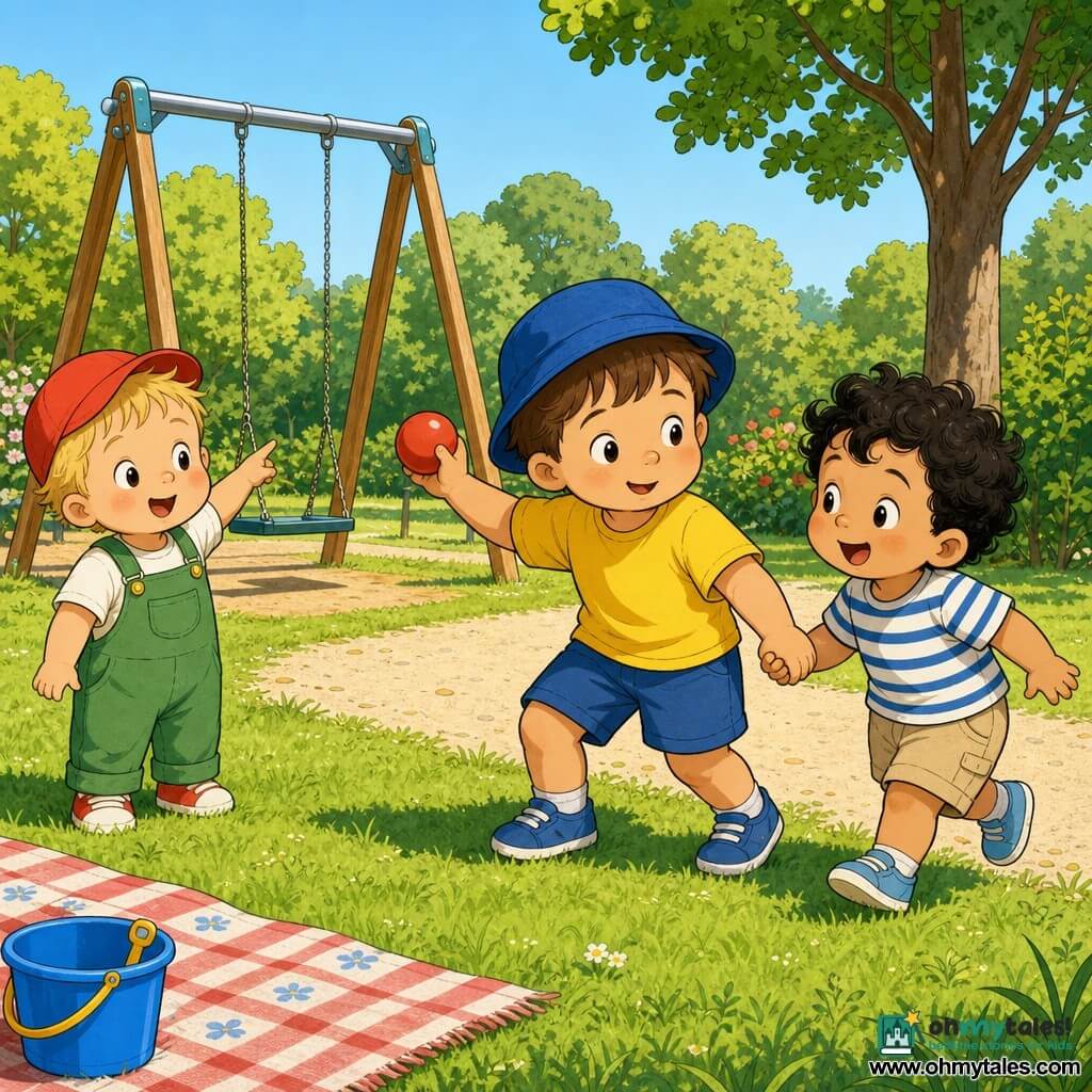 Three boys: Leo (about 3) with short brown hair, round face, blue hat and yellow T-shirt, holding a small red ball at the center and leaning forward as if about to throw it; Max (about 2) with streaky blond hair, chubby cheek, red cap and green overalls to Leo’s left, pointing at a swing and smiling; Sam (about 2) with curly black hair, small and lively, striped white-and-blue T-shirt and beige shorts to Leo’s right, holding Leo’s hand and looking at the ball excitedly. They are in a bright summer park with textured green grass, a light gravel path, a wooden-and-metal swing in the background, a few trees with broad brushstroke leaves and a patterned blanket near a blue beach bucket. Main action: the red ball has rolled slowly on the grass and the three boys are leaning together to pick it up, joyful expressions, cooperative gestures, soft sun, short shadows and warm afternoon colors.