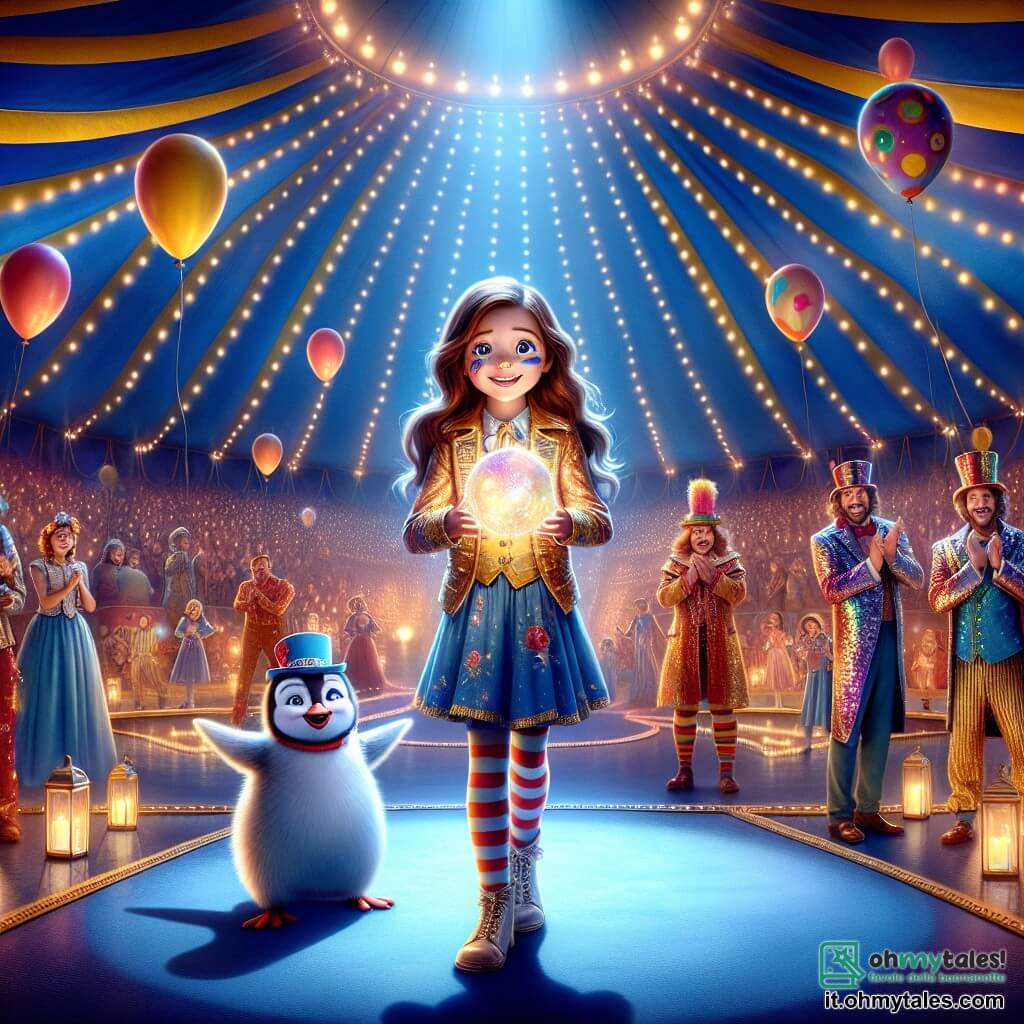 Una ragazza di 9 anni, Sofia, con lunghi capelli castani e occhi brillanti di curiosità, si trova al centro della scena, sorridente e piena di energia, mentre tiene in mano una grande palla magica scintillante. Accanto a lei, un pinguino di nome Pingo, con un piccolo cappello colorato e un'espressione gioiosa, balla sulle sue zampette, pronto a esibirsi. Un acrobata di nome Leo, un ragazzo di 12 anni con capelli biondi disordinati e un costume brillante, applaude entusiasta, mentre clown colorati, con nasi rossi e costumi vivaci, si muovono attorno a loro, aggiungendo un tocco di follia alla scena. Il luogo è un grande tendone da circo, con strisce blu e gialle che si alzano verso il cielo, pieno di luci scintillanti e spettatori meravigliati. Palloncini fluttuano nell'aria e coriandoli colorati cadono dolcemente, creando un'atmosfera festosa e magica. La scena principale mostra Sofia, Pingo e Leo pronti a iniziare il loro spettacolo, con sorrisi radiosi sui volti, circondati da un'atmosfera gioiosa e colorata, catturando lo spirito di avventura e amicizia del circo.