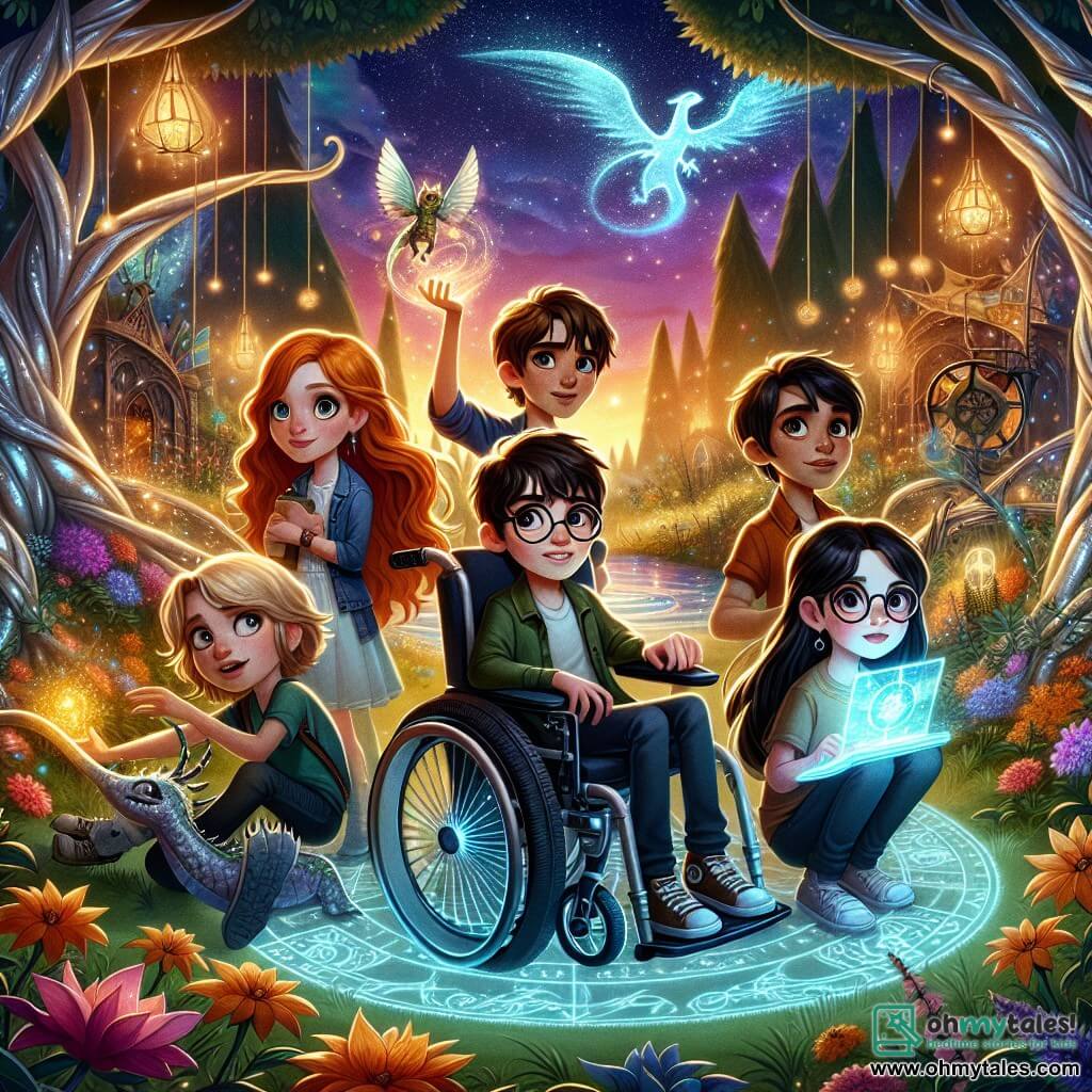 In an enchanted clearing, five friends stand together, ready to face the unknown. Eli, a boy with brown hair and round glasses, sits in his high-tech wheelchair, his eyes shining with excitement. To his right, Lila, a girl with fiery hair, raises a glowing vial, her face radiating energy. Next to her, Orion, a boy with black hair and dreamy eyes, gazes at the starry sky through a telescope, his expression focused. Mira, a girl with brown hair and glasses, types on a floating magical keyboard, determination on her face. Finally, a small fantastical creature, a miniature dragon with shimmering scales, flies around them, adding a touch of magic to the scene. The setting is a magical clearing surrounded by silver-trunked trees with luminescent leaves, where multicolored flowers dance in a gentle breeze. Above them, the sky is dotted with bright stars, and a large stone arch adorned with glowing runes stands in the center, emitting a soft and mysterious light. The friends are preparing to activate the magical portal that will lead them to another dimension, a moment of palpable tension and excitement as they unite their strengths to restore balance between worlds.