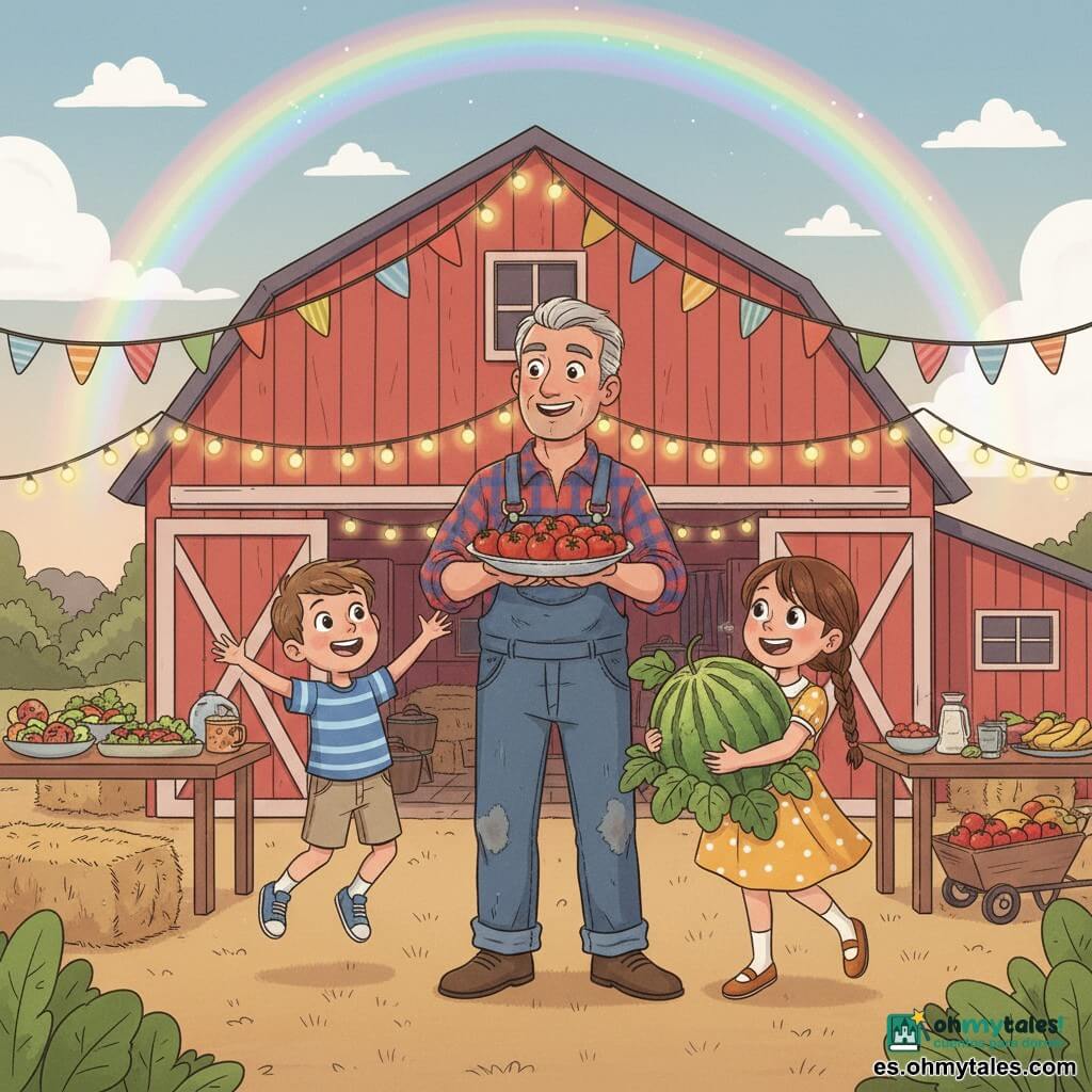 Un hombre (Don Manuel) sonriente y cálido, cabello gris corto, piel bronceada, camisa a cuadros roja y azul, peto vaquero algo polvoriento, sostiene un gran plato de tomates y aplaude con alegría orgullosa; una niña (Clara) de unos 9 años, trenza castaña, vestido amarillo con lunares blancos, ojos brillantes, abraza una enorme sandía verde jaspeada, excitada y de pie junto al hombre; un niño (Pablo) de unos 7 años, pelo castaño corto, camiseta de rayas azules y pantalón corto, salta de alegría con una pequeña cesta de tomates a la izquierda de Clara, mirando la sandía; escenario: granja al crepúsculo con granero rojo, banderines, mesas con ensaladas y frutas, pacas de heno y carretilla, arcoíris tenue; ocasión: fiesta de la cosecha — los niños encuentran la sandía más grande oculta bajo hojas; ambiente festivo, colores cálidos, expresiones exageradas para público infantil; estilo gráfico: contornos suaves, colores saturados y cálidos, texturas de tela y madera visibles, sombras ligeras, composición centrada en la sandía y los tres personajes.