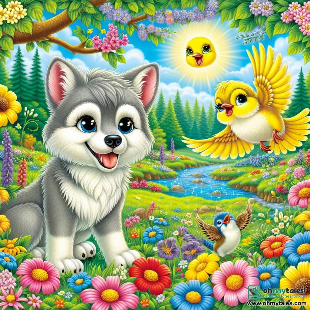 Leo, a young wolf with bright eyes and soft gray fur, stands joyfully in the middle of a flower-filled meadow, his radiant smile showing his excitement for spring. He sniffs the air, amazed by the vibrant colors of the surrounding flowers. Next to him, Sparky, a small sparrow with bright yellow feathers, joyfully flies, flapping his wings enthusiastically while singing a cheerful melody. He perches on a low branch, looking at Leo with a friendly and encouraging expression. The scene takes place in a sunny meadow where multicolored flowers dance in the wind, and lush trees line the horizon. A sparkling stream winds through the landscape, adding a touch of magic to the environment. Leo and Sparky are celebrating the arrival of spring, marveling together at the wonders of nature, surrounded by the vibrant beauty of the forest coming to life.