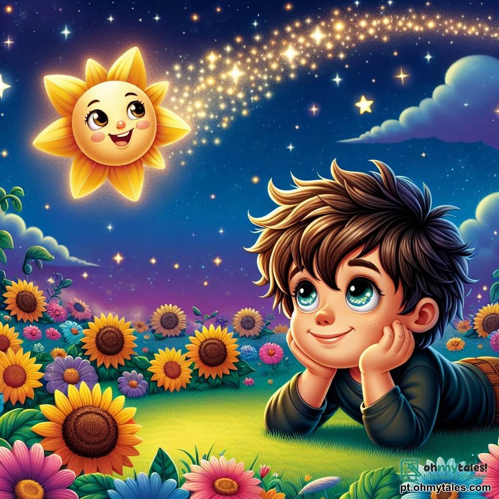 Um menino de 6 anos, Lucas, com olhos brilhantes e cabelos castanhos bagunçados, está deitado na grama verde, maravilhado e sorrindo, olhando para o céu estrelado. Ao seu lado, uma pequena estrela brilhante, com um rosto amigável e brilhos dourados, flutua alegremente no ar, iluminando seu rosto com uma suave luz. O local é um jardim noturno, cheio de flores coloridas e girassóis que se voltam para o céu, sob um céu profundo e estrelado, onde as estrelas cintilam como diamantes. A cena principal mostra Lucas fazendo um desejo ao fechar os olhos, enquanto a estrela da sabedoria lhe fala, criando uma atmosfera mágica e cheia de sonhos.
