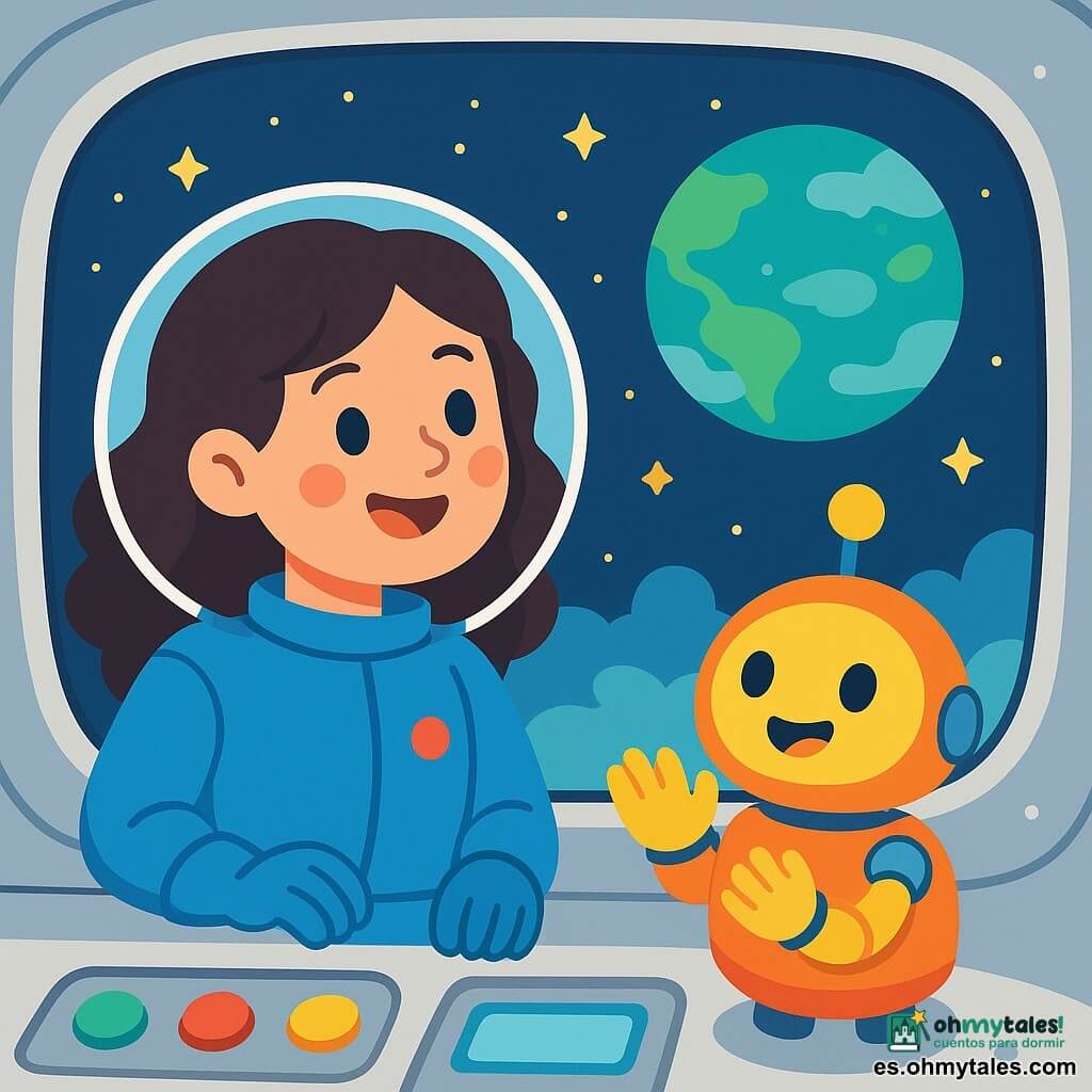 Una mujer sonriente, con cabello largo y rizado de color castaño, lleva un traje espacial azul brillante. Mira con asombro a través de una gran ventana de la nave espacial, sus ojos brillando de alegría. A su lado, un pequeño robot amigable, de forma redonda y colores vivos, aplaude con entusiasmo, sus luces parpadeando alegremente. La escena se desarrolla en el espacio, rodeada de estrellas brillantes y un majestuoso planeta verde de fondo, con suaves nubes y océanos resplandecientes. La nave espacial es suave y luminosa, con botones coloridos y un tablero brillante. La mujer y el robot comparten un momento de felicidad, admirando el paisaje cósmico, mientras la nave se prepara para aterrizar cerca de un puerto de luz.