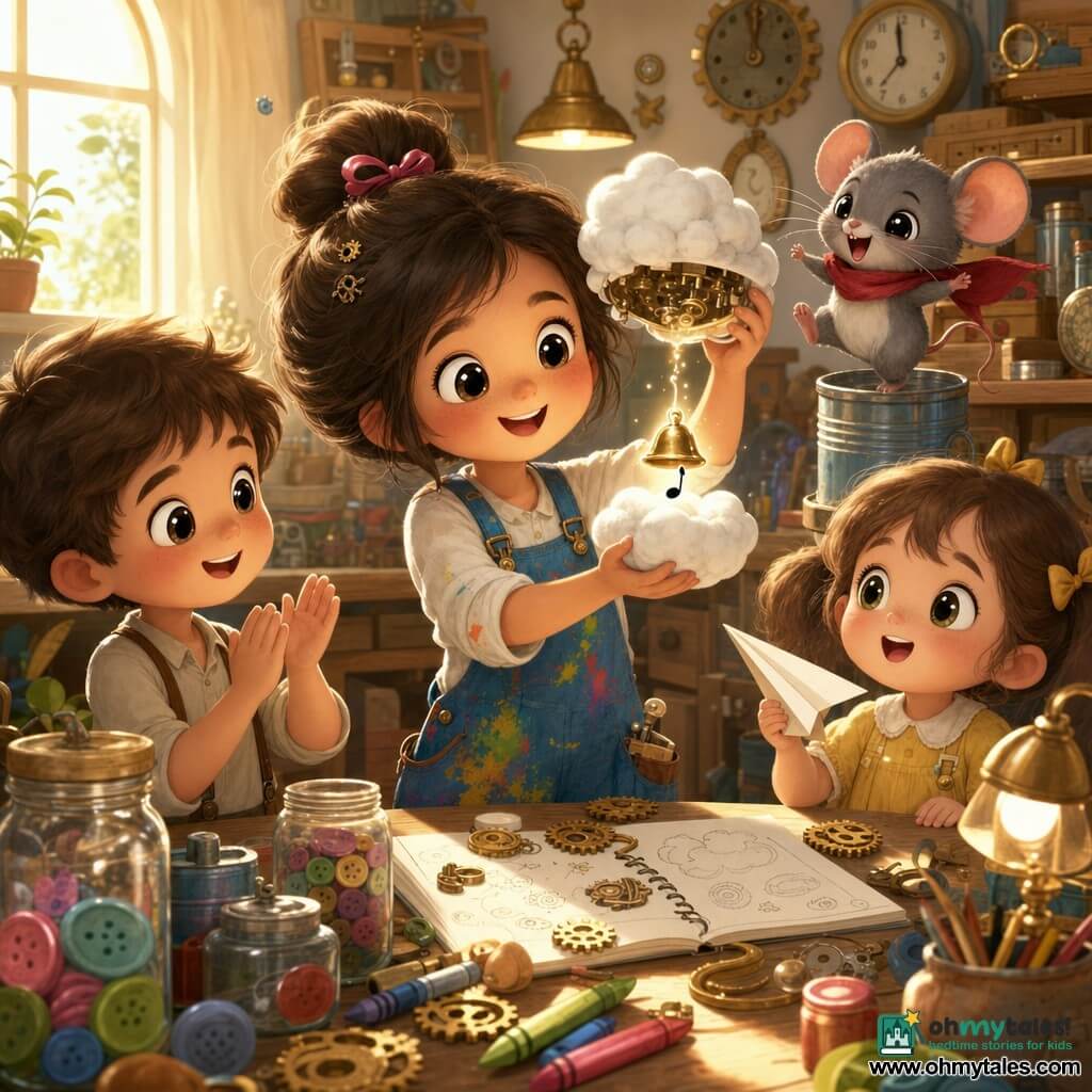 Maya is an inventive woman with a round face, big bright eyes and a gentle smile, joyful and focused in paint-stained blue overalls, gently opening a small white mechanical paper cloud that releases a tiny golden bell-drop chiming softly; Pippa, a gray mouse with shiny black eyes and a red scarf, dances on a tin-can shelf to Maya’s right; a curious six-year-old brown-haired boy claps to her left; a five-year-old girl with pigtails in a yellow dress watches amazed holding a small paper airplane near the table; a sunny workshop with light wood floor, sun stripes on the table, jars of colorful buttons, piles of golden gears, pencils and a sketchbook, lamps and clocks on the wall; warm, cozy atmosphere with pastel tones, sharp contrasts, composition centered on Maya and the cloud.