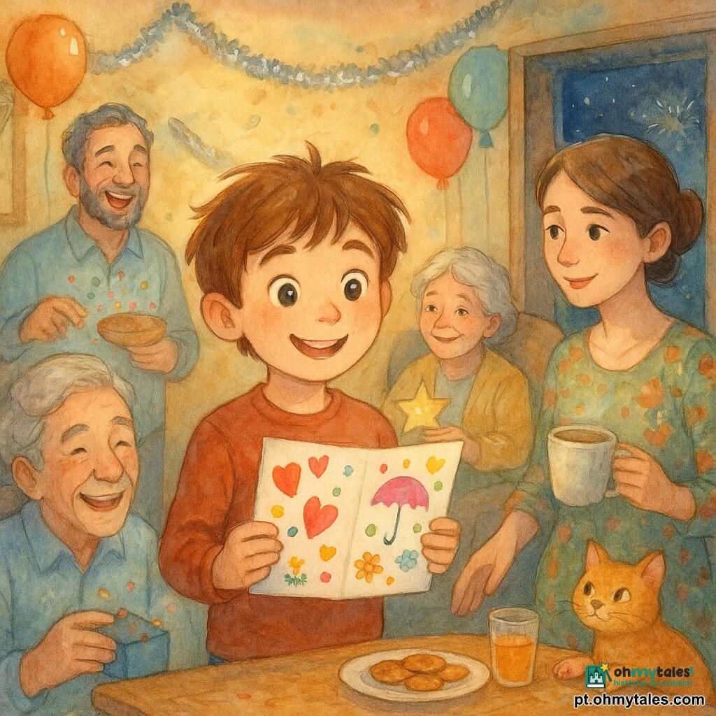 Um menino de 8 anos, rosto rondo e cabelos castanhos despenteados, sorri maravilhado no centro da sala segurando um grande cartão de votos colorido e um pequeno caderno azul; a mãe (c.35) de cabelo preso e vestido floral observa com ternura segurando uma caneca de chocolate quente à direita; o pai (c.38), cabelo grisalho, ri ao fundo à esquerda segurando uma caixinha aberta com confetes; a avó (c.70), cabelos grisalhos em coque, sentada num poltrona perto do menino, segura uma estrela de papel brilhante e toca o cartão; a vizinha Dona Matilde (c.60), cabelos brancos encaracolados, entra na porta com um prato de doces; um gato ruivo na mesa de centro tem a pata levemente manchada de tinta rosa e observa o cartão; ambiente cozinha-sala aconchegante com luz dourada, guirlandas prateadas, balões, mesa com biscoitos e copos de suco, janela aberta para um céu noturno estrelado com fogos de artifício ao longe; situação: família reunida em tom íntimo e festivo enquanto o menino mostra um cartão cheio de desenhos (corações, pontos de interrogação coloridos, flores e um guarda-chuva) em cores pastel e texturas aquarela fluidas.