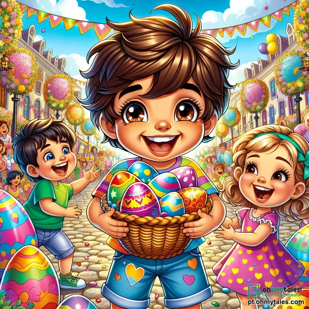 Um menino de 6 anos, Miguel, com cabelos castanhos bagunçados e olhos brilhantes de alegria, está no centro da imagem. Ele usa uma camiseta colorida com padrões de corações e um short de jeans, segurando uma grande cesta cheia de ovos de Páscoa decorados com cores vibrantes. Miguel sorri amplamente, irradiando emoção e felicidade. Ao lado dele, uma menina de 5 anos, com cabelos loiros trançados e um vestido rosa de bolinhas, observa os ovos com admiração. Ela estende a mão para pegar um, seus olhos brilhando de curiosidade. Um pouco mais longe, um menino travesso de 7 anos com óculos e uma camiseta verde se aproxima rindo, segurando um ovo de chocolate gigante. A cena se passa em uma linda praça de vila, decorada com guirlandas coloridas e balões flutuantes, sob um céu azul radiante. Flores multicoloridas cercam os paralelepípedos, e famílias se reúnem ao redor de barracas de jogos e guloseimas. A situação principal mostra Miguel, cercado por seus amigos, compartilhando alegremente seus ovos de Páscoa decorados, criando uma atmosfera festiva e calorosa, cheia de risos e felicidade.