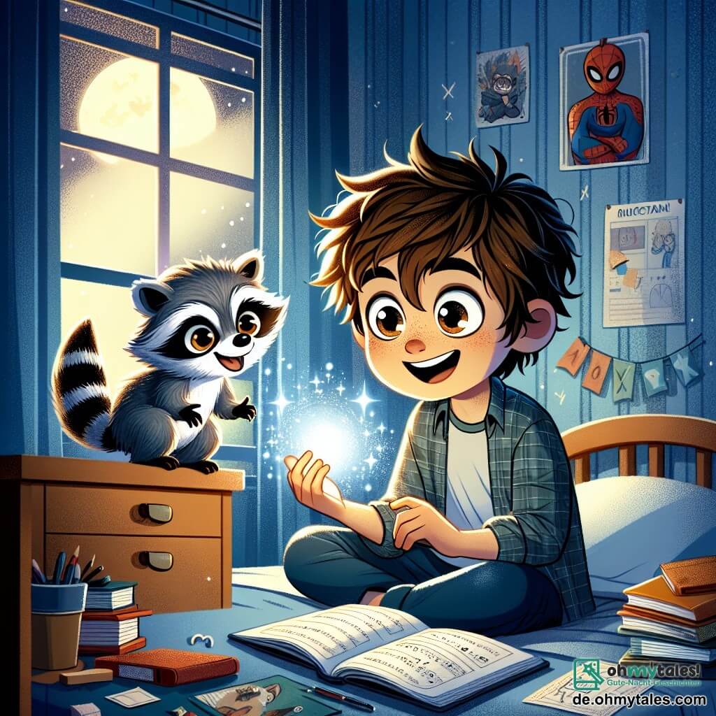 Ein 11-jähriger Junge, Max, mit zerzausten braunen Haaren und neugierigen Augen, sitzt auf seinem Bett, umgeben von Büchern und Mathematikheften. Er zeigt einen überraschten und amüsierten Gesichtsausdruck, während er einen kleinen leuchtenden Keks in der Hand hält. Neben ihm springt ein niedlicher Waschbär namens Rudi mit grauem und schwarzem Fell, schelmischen Augen und einem strahlenden Lächeln fröhlich auf dem Bett herum, als wäre er gerade einem Märchenbuch entstiegen. Die Szene spielt in Max' Zimmer, einem gemütlichen Raum mit hellblauen Wänden, dekoriert mit Superheldenpostern und verstreutem Spielzeug. Ein Mondstrahl fällt durch das Fenster und taucht den Raum in sanftes silbernes Licht. Die Hauptsituation zeigt Max und Rudi, die einen magischen Moment teilen, während sie die Kraft des Kekses entdecken, der sie zum Lachen bringt und den Raum mit einer fröhlichen und verspielten Atmosphäre erfüllt.