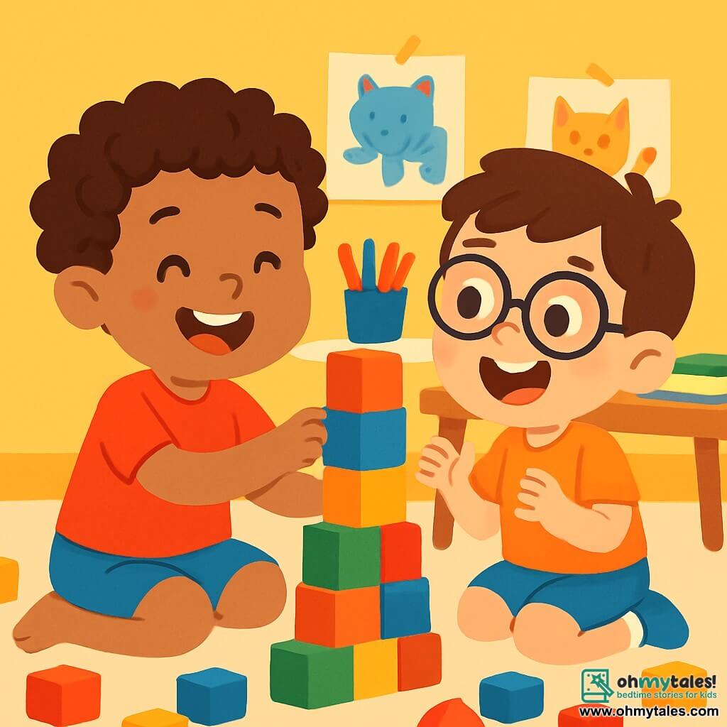 A 4-year-old boy with curly hair and a big joyful smile is sitting on the floor surrounded by colorful blocks. He is wearing a red t-shirt and blue shorts. Next to him is his best friend, another 4-year-old boy with brown hair and round glasses, excitedly looking at the blocks. They are both in a bright classroom with yellow painted walls and animal drawings hanging up. On the table, colored pencils and books are scattered. The main scene shows the two boys gathering blocks to build a tall tower, laughing together, their faces lit up by friendship and joy.