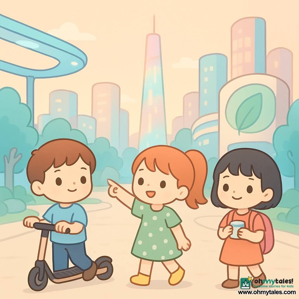 Three children: Milo, a ~8-year-old boy with short brown hair, curious eyes and a small smile, wearing a light blue T-shirt and pushing a black-and-beige solar scooter at his right while looking forward; Zoe, a ~8-year-old girl with a red ponytail in a green polka-dot dress and bright yellow shoes, standing left of Milo and pointing at a glowing tower in the background; Aya, a ~7-year-old girl with short black hair and a pink backpack, slightly ahead of the others and gently holding a small medicine box to her chest, smiling softly. They cross a wide, bright street in a futuristic city through an urban garden toward a round building marked with a large green leaf; the scene has smooth light-gray sidewalks, pale-blue suspended light bridges, turquoise-leaved trees, small round clear-water fountains, polished pastel glass towers, flower-shaped solar panels, warm evening light, long shadows, and a clean, peaceful atmosphere.