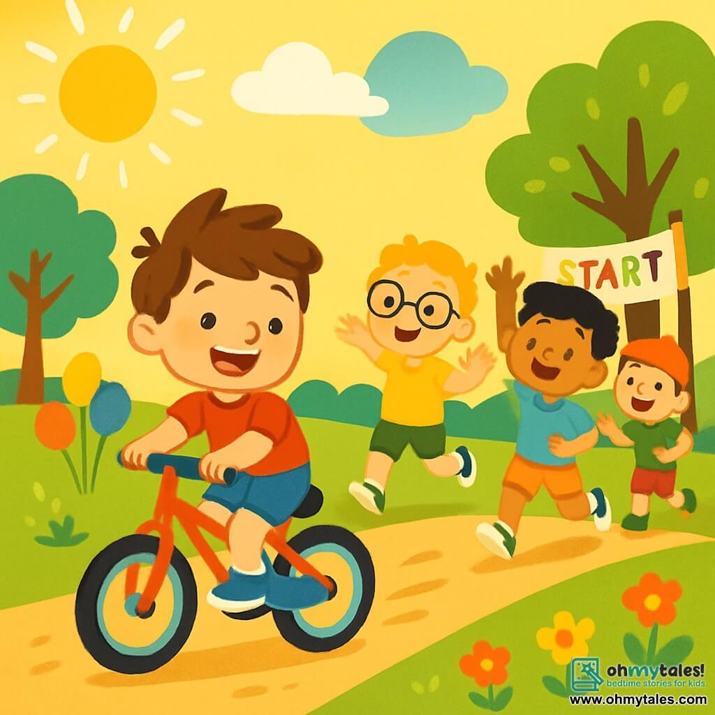 There are 4 children: Max, a 6-year-old boy with messy brown hair and a big smile, wearing a red t-shirt and blue shorts, pedaling quickly on his bike; Ben, a 6-year-old boy with blond hair and glasses, in a yellow t-shirt and green shorts, laughing and trying to catch up with Max; Sam, a 6-year-old boy with black hair and freckles, wearing a light blue t-shirt and orange shorts, smiling and raising his arms next to Ben; and Leo, a 6-year-old boy with brown hair and a baseball cap, in a green t-shirt and red shorts, encouraging his friends from a bit behind. The scene takes place in a sunny park with a large green lawn, shiny-leaved trees, and colorful flowers, with a distant starting line for a race decorated with multicolored balloons. The main situation shows the four boys racing, all smiling and focused, pedaling together on their bikes, with sunlight illuminating their joyful faces.