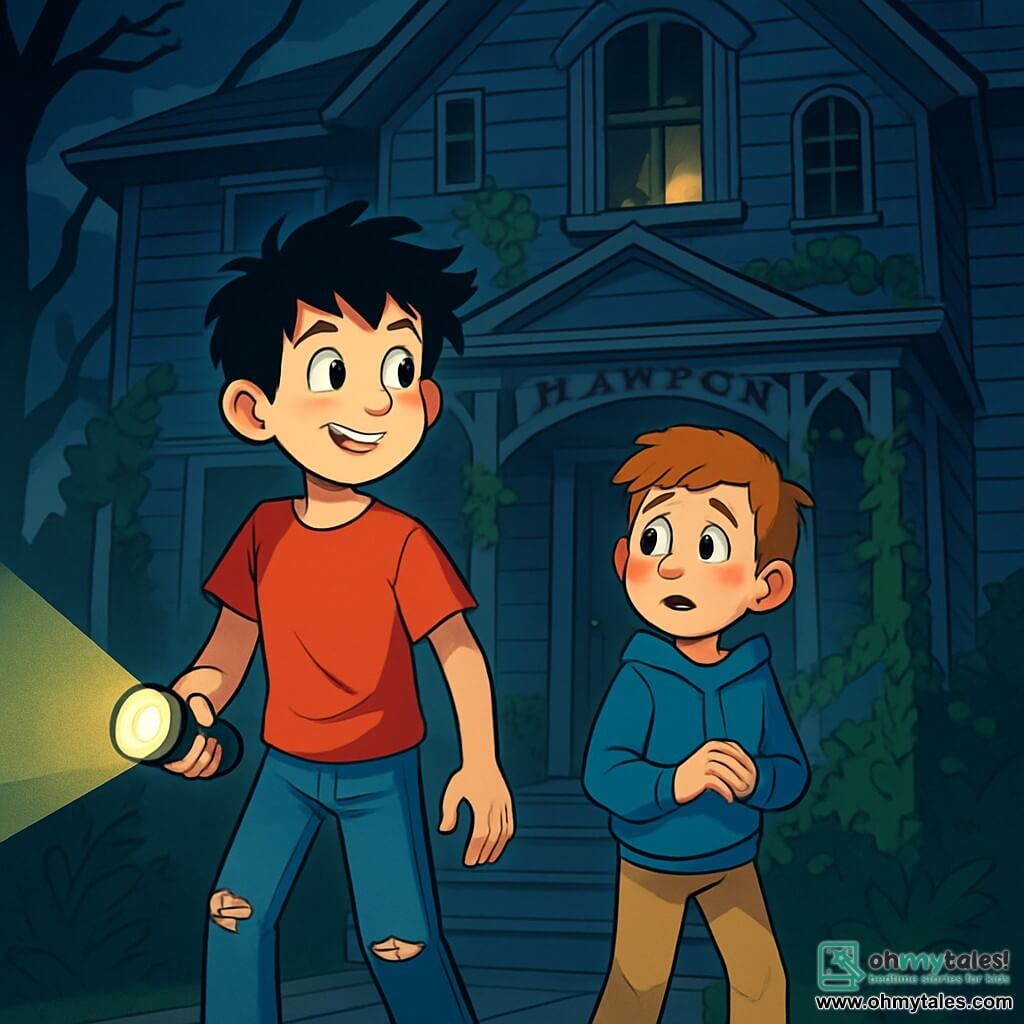 There are two main characters: Max, a 12-year-old boy with messy black hair and sparkling curious eyes. He wears a red t-shirt and ripped jeans, holding a flashlight in his right hand, lighting the path ahead. Jamie, an 11-year-old boy, slightly smaller than Max, has brown hair and freckles on his nose. He wears a blue hoodie and beige pants, looking around with a mix of fear and excitement. The two boys stand on the porch of an old house, Harlow House, which looms before them. The house is massive, with gray wooden walls, dark windows, and creaking shutters in the wind. Ivy vines climb the walls, and a pale light filters through the windows, creating a mysterious and slightly eerie atmosphere. The main situation of the story shows Max and Jamie ready to enter the house, their faces illuminated by the flashlight. Shadows dance around them, and a light breeze rustles the leaves of the surrounding trees, adding a touch of suspense to the illustration.