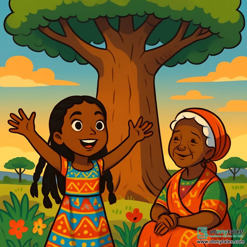 Amina, a 12-year-old girl, stands in front of a majestic baobab, her face radiant with excitement and determination. She has long braided black hair, sparkling eyes, and wears a colorful dress adorned with African patterns. Her hands are raised, as if ready to embrace the world around her. Beside her, a wise old woman, Baba Juma, around 70 years old, sits at the base of the baobab. She has snow-white hair, a warm smile, and wears a traditional vibrant dress. She looks at Amina with kindness, her eyes sparkling with wisdom. The setting is a lush savannah, bathed in the golden light of the setting sun. The immense baobab stands at the center, its branches spreading wide, providing comforting shade. Colorful flowers and tall grasses surround the tree, while a blue sky turns shades of orange and pink. The main situation shows Amina, full of courage, ready to discover the treasure hidden under the baobab, while Baba Juma encourages her with a wise look. The atmosphere is filled with magic and adventure, promising an unforgettable quest.