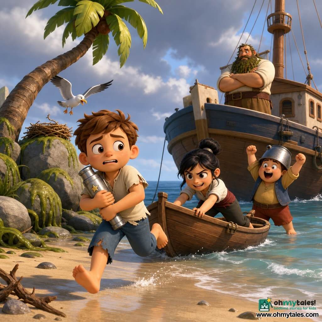 A round-faced boy, Jory, with bright eyes looking both worried and triumphant, clutches a long silver spyglass adorned with a small star and runs barefoot across wet sand toward a small wooden dinghy; Mina, about 11, hair in a bun with smudged charcoal on her fingers, mischievously pushes the boat while leaning and straining, Pip, about 8 and chubby, wearing a saucepan helmet, applauds from the shore with an open-mouthed look of wonder, and Captain Brinebeard, a large man of about 45–50 with a thick beard streaked green like seaweed, watches from the frigate Ripple Shark anchored nearby, all on a rocky sandy islet with a bent palm, algae-covered rocks, a seagull nest and a white-and-gray gull swooping down, under a bluish-gray partly cloudy sky in a vivid, action-filled cel-shaded 3D scene.
