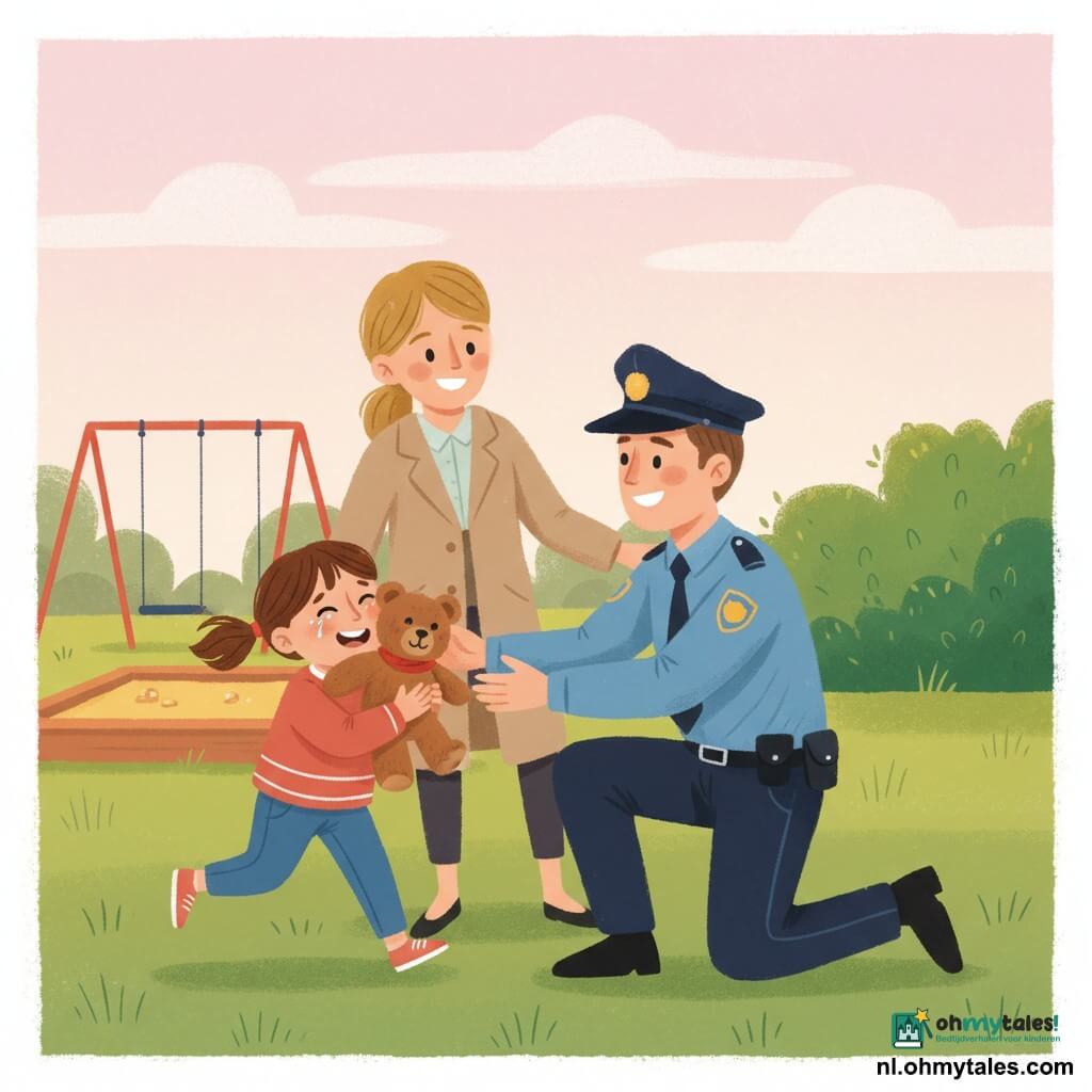 Een vriendelijke, knielende politieagent (Tom), licht getint met kort bruin haar en blauwe net uniform met pet, reikt een bruine knuffel met rood sjaaltje aan een ongeveer 6-jarige meisje (Noor) met ronde gezichtjes en bruine staartjes die de knuffel tegen haar borst klemt terwijl ze naar hem toe rent; haar moeder (~30) met blond haar in een beige mantel staat erachter met haar hand op Noor’s schouder en kijkt opgelucht; park met groen gras, zandbak, rode schommel en een haag waar de knuffel verstopt was, zachte namiddaglicht en lichtroze lucht, warme kleuren en gouache-achtige textuur, centrale compositie die vreugde en opluchting uitstraalt.
