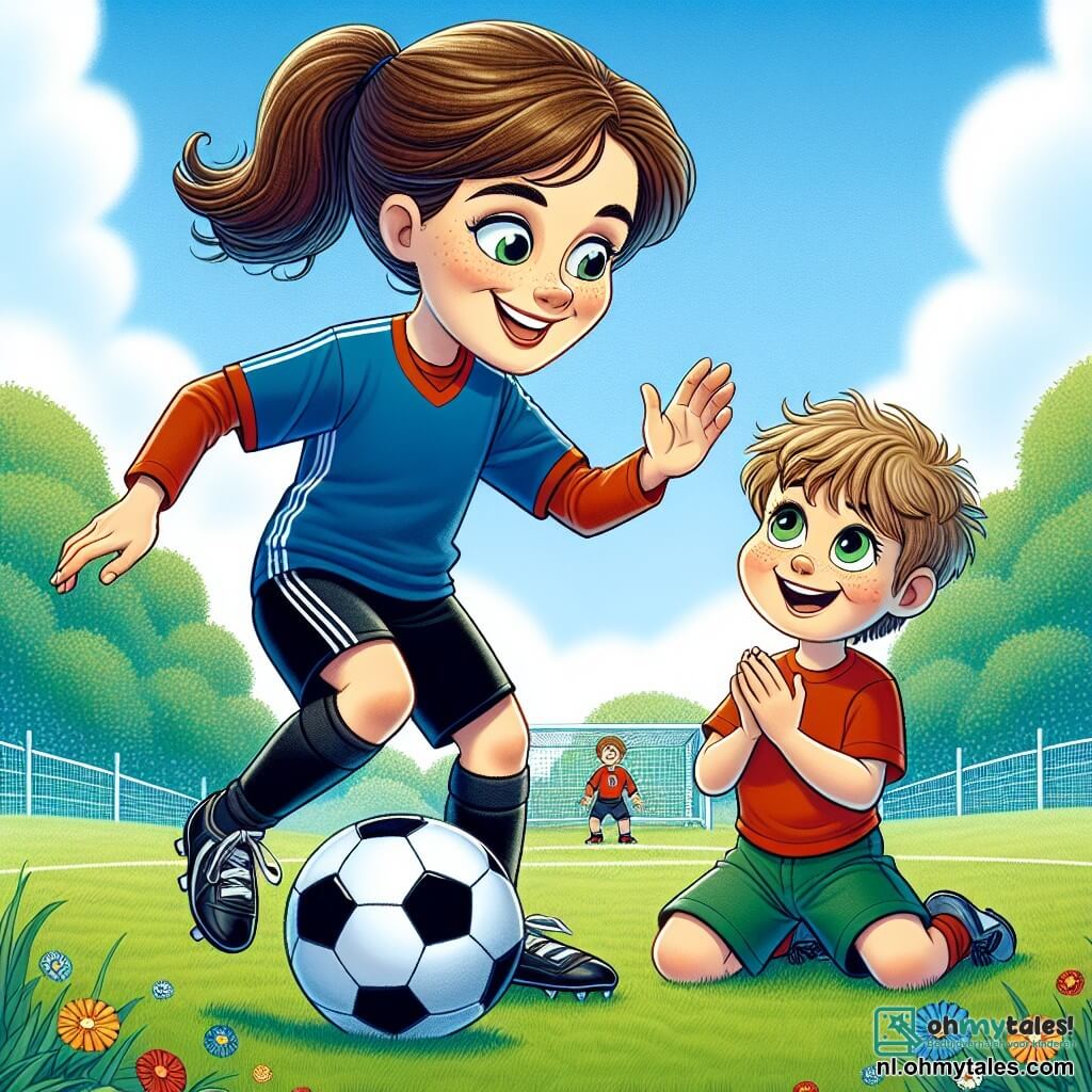 Een jonge vrouw, Lotte, staat in het midden van de afbeelding met een brede glimlach op haar gezicht. Ze heeft bruin haar in een paardenstaart, draagt een blauwe voetbalshirt en een zwarte short, en dribbelt met een voetbal op het veld. Naast haar kijkt een klein jongetje genaamd Tim, ongeveer 6 jaar oud, vol verwondering. Hij heeft rommelig blond haar, draagt een rode t-shirt en groene shorts, en applaudisseert enthousiast. De achtergrond is een groen park met weelderige bomen, een blauwe lucht met witte wolken, en een wit doekdoel aan de zijkant. Het gras is helder groen en enkele kleurrijke bloemen voegen een vrolijke toets toe. De belangrijkste situatie toont Lotte die Tim laat zien hoe hij de bal moet dribbelen, terwijl hij probeert haar te imiteren met een geconcentreerde en blije uitstraling. De sfeer is vol vreugde en energie, wat het plezier van het spel en de vriendschap tussen de twee personages illustreert.