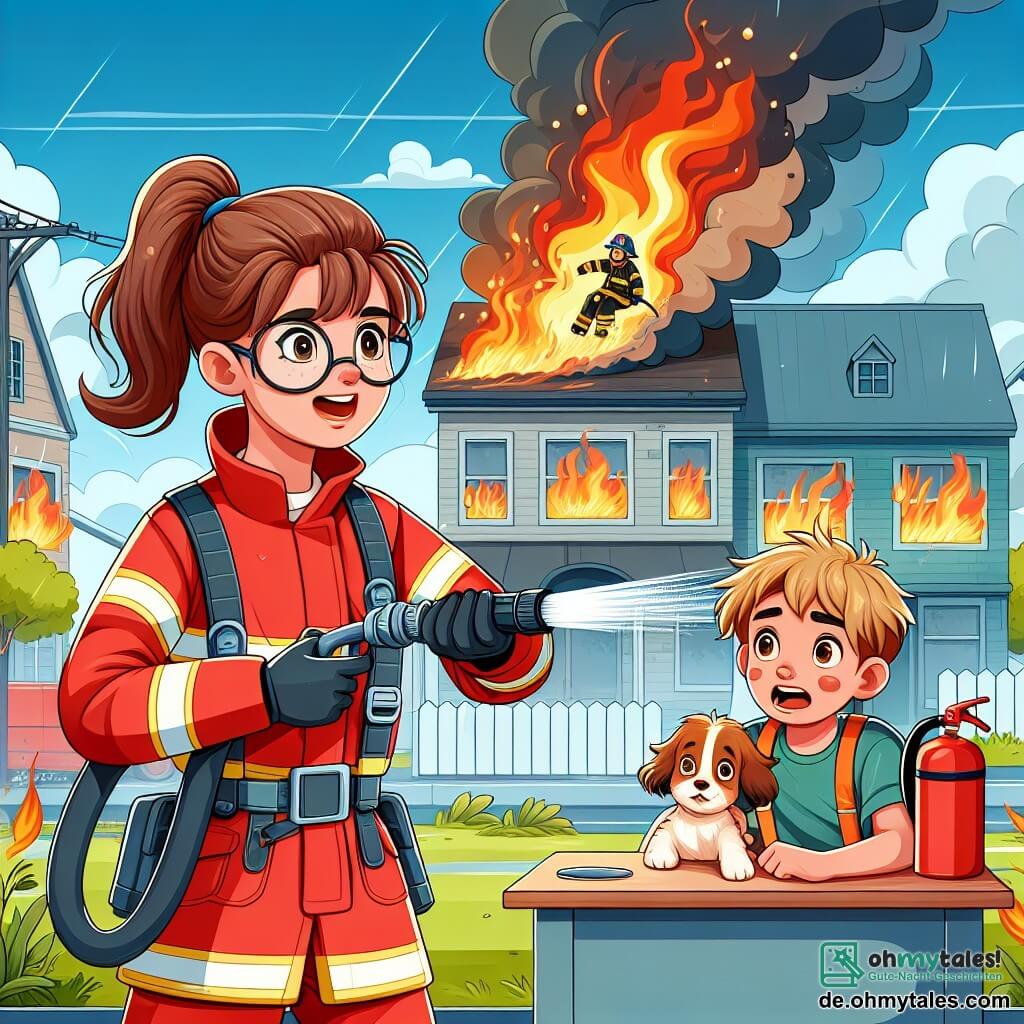 Eine junge Frau, Anna, wird in Aktion als Feuerwehrfrau dargestellt. Sie hat braune Haare, die zu einem Pferdeschwanz gebunden sind, trägt einen leuchtend roten Feuerwehranzug und ihr Gesicht zeigt sowohl Entschlossenheit als auch Aufregung. Sie hält einen Feuerwehrschlauch, bereit, ein Feuer zu löschen, während Flammen im Hintergrund ihr Gesicht beleuchten. Neben ihr steht Felix, ein 10-jähriger Junge mit zerzausten blonden Haaren und einem schelmischen Lächeln. Er trägt eine kleine Feuerwehruniform und schaut Anna bewundernd an, während er einen kleinen Plastikfeuerlöscher hält. Im Hintergrund sieht man ein brennendes Haus mit schwarzem Rauch, der aus den Fenstern dringt, während grüne Bäume die Straße säumen. Der Himmel ist blau und kontrastiert mit den tanzenden roten und orangefarbenen Flammen. Die Szene zeigt Anna und Felix, die einen verängstigten kleinen Hund retten, der sich unter einem Tisch versteckt, und verdeutlicht den Mut und den Teamgeist in einem Notfall.
