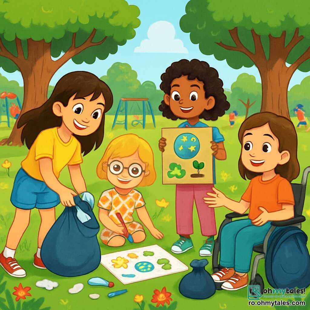 Există 4 copii: - Ana: o fată de 10 ani, cu păr lung și brunet și ochi strălucitori. Poartă un tricou galben aprins și o pereche de pantaloni scurți din denim. Ana strânge gunoaie în parc, zâmbitoare și plină de energie. - Mira: o fată de 9 ani, cu părul scurt și blond, purtând ochelari rotunzi. Ea stă pe iarbă, desenând imagini pe o foaie mare cu creioane colorate. - Eliza: o fată de 10 ani, cu părul creț și negru, purtând un tricou albastru și o pereche de pantaloni roz. Ea stă în picioare, ținând un panou din carton cu mesaje despre protecția mediului. - Raluca: o fată de 10 ani, cu părul castaniu și un zâmbet cald. Ea se află într-un scaun cu rotile decorat cu autocolante colorate. Raluca le explică celorlalți copii cum să sorteze gunoaiele, înconjurată de saci de gunoi. Locul se desfășoară într-un parc verde, plin de flori colorate și copaci măreți. Cerul este albastru cu câteva nori albi pufoși. Copiii se joacă în jurul unei zone de joacă, în timp ce alții se adună în jurul celor patru prietene, captivați de activitățile lor. Situația principală arată cei patru copii în acțiune, organizând o zi de curățenie. Ana strânge gunoaie, Mira desenează afișe, Eliza prezintă un panou despre reciclare, iar Raluca le explică celorlalți copii cum să ajute. Atmosfera este veselă și dinamică, cu râsete și zâmbete, toți uniți pentru a proteja natura.