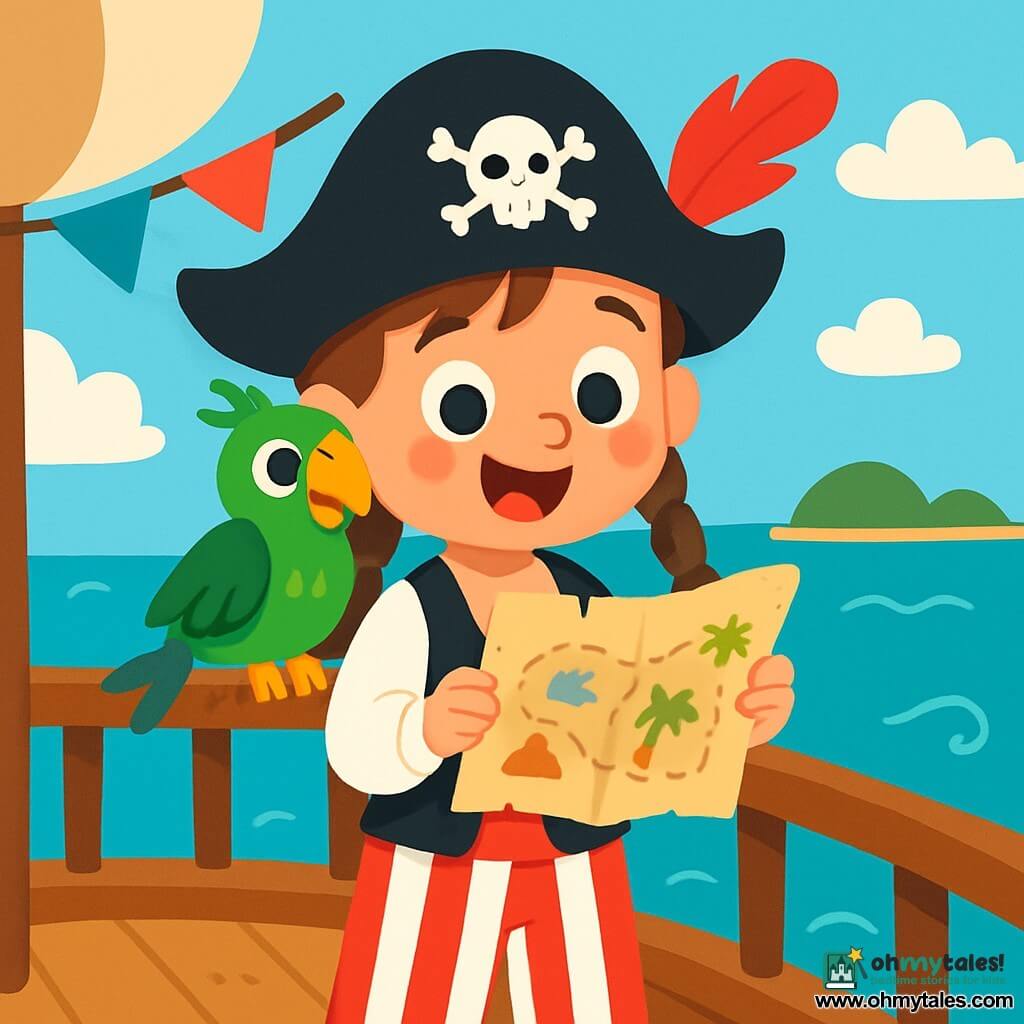 A young pirate, Captain Molly, stands on the deck of her ship, a big joyful smile lighting up her face. She has long braided brown hair, a black pirate hat adorned with a red feather, and wears striped pants and a white shirt. She holds an old treasure map in her hands, her eyes sparkling with excitement. Next to her, her faithful parrot, Pirate Patch, perches on her shoulder, with bright green feathers and a curious look, scanning the horizon. The ship sails on a shimmering turquoise sea, surrounded by gentle waves and a few lush islands in the distance, decorated with colorful flags fluttering in the wind. The sky is a bright blue, dotted with fluffy white clouds. In this scene, Captain Molly discovers a treasure map in her breakfast, ready to embark on a thrilling new adventure at sea.