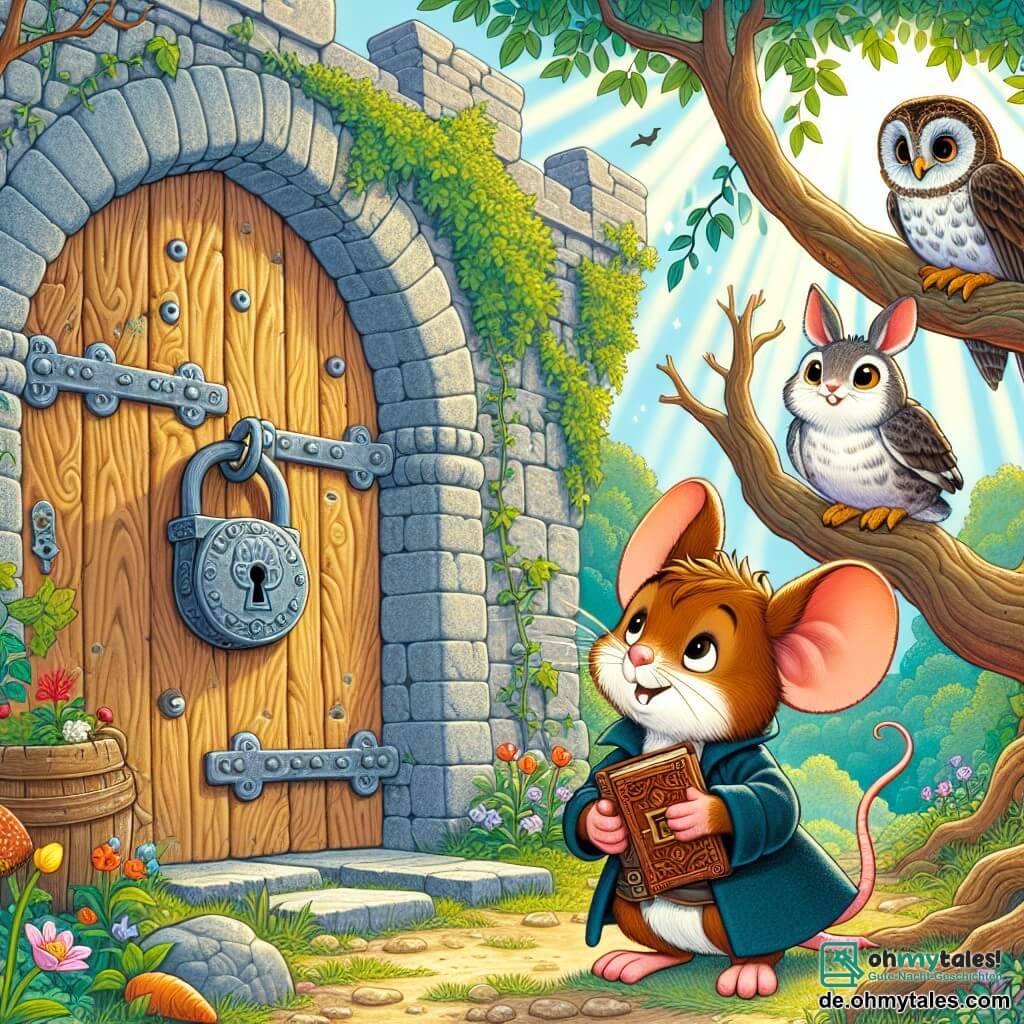 Max, die mutige kleine Maus mit braunem Fell und neugierigen Augen, steht vor einer alten Holztür mit einem großen Schloss, auf seinem Gesicht liegt ein Ausdruck der Aufregung. Er hält ein altes Buch in seinen kleinen Pfoten, den Blick auf das Schloss gerichtet, bereit, das Geheimnis hinter der Tür zu entdecken. Neben ihm sitzt Ellie, die weise Eule mit weißen und braunen Federn, die auf einem Ast sitzt und die Szene aufmerksam mit einem intelligenten und neugierigen Blick beobachtet. Sie scheint bereit, Max Ratschläge zu geben, ihre Flügel leicht ausgebreitet, als ob sie gleich abheben möchte. Benny, der fröhliche Hase mit großen Ohren und weichem Fell, sitzt im Gras, knabbert an einer Karotte und hat ein begeistertes Lächeln im Gesicht. Er schaut Max bewundernd an und ist gespannt, was passieren wird. Die Szene spielt sich in einer alten Schlossruine ab, umgeben von üppigem Grün, mit Klettereichen an den Steinmauern und bunten Blumen, die darum wachsen. Das Sonnenlicht filtert durch die Äste der Bäume und schafft eine magische und geheimnisvolle Atmosphäre. Max, Ellie und Benny stehen kurz davor, die geheime Tür zu öffnen, gespannt darauf, den Schatz oder das Geheimnis zu entdecken, das sie dahinter erwartet, was das Abenteuer und die Freundschaft symbolisiert, die sie in ihrer Suche vereint.