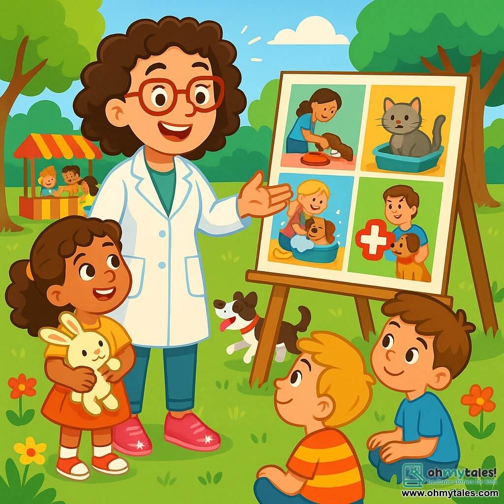 Dr. Poppy is a smiling woman with curly hair and a bright white coat. She wears vibrant pink shoes that shine in the sun, and her face radiates joy and enthusiasm. She is showing a large colorful poster about animal care, surrounded by children. Mia, an 8-year-old girl with curly brown hair, holds an adorable stuffed rabbit. She looks at Dr. Poppy with admiration, her eyes sparkling with excitement. The park is lush, filled with colorful flowers and majestic trees. Pets like dogs and cats play joyfully around them, while a group of children enjoys a games stand. The main scene shows Dr. Poppy passionately explaining how to care for animals, while the children listen attentively, captivated by her words and the vivid illustrations on the posters.