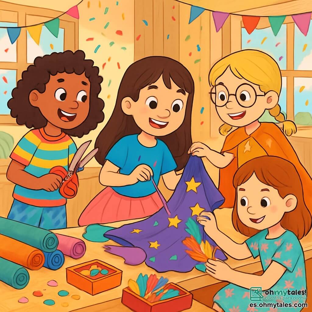 Hay 4 niños: - Lucía: una niña de 10 años, con largos cabellos castaños y ojos brillantes. Lleva una blusa azul brillante y una falda de tul rosa. Está en el centro, sosteniendo una aguja y un hilo, cosiendo trozos de tela. - Marina: una niña de 11 años, con trenzas rubias y gafas redondas. Lleva una capa adornada con estrellas brillantes y está pegando estrellas de fieltro en la capa de Lucía, a su derecha. - Carla: una niña de 10 años, con cabello rizado y una sonrisa radiante. Lleva una camiseta colorida y pantalones estampados. Está a la izquierda de Lucía, sosteniendo unas tijeras y mirando con entusiasmo el disfraz. - Nerea: una niña de 10 años, con cabello castaño y ojos suaves. Lleva un vestido de flores y está sentada en el suelo, rodeada de plumas coloridas, pegándolas en las mangas del disfraz. El lugar es un gran taller luminoso, con paredes de madera clara y ventanas que dejan entrar la luz del sol. Hay rollos de tela colorida esparcidos sobre una gran mesa de madera, y cajas llenas de botones, lentejuelas y plumas alrededor de ellos. Guirnaldas de papel colorido cuelgan del techo, creando un ambiente festivo. La situación principal muestra a los niños creando su disfraz de carnaval, riendo y ayudándose mutuamente, rodeados de materiales brillantes y coloridos, mientras una lluvia de confeti imaginario parece flotar a su alrededor, añadiendo un toque de magia a su taller.