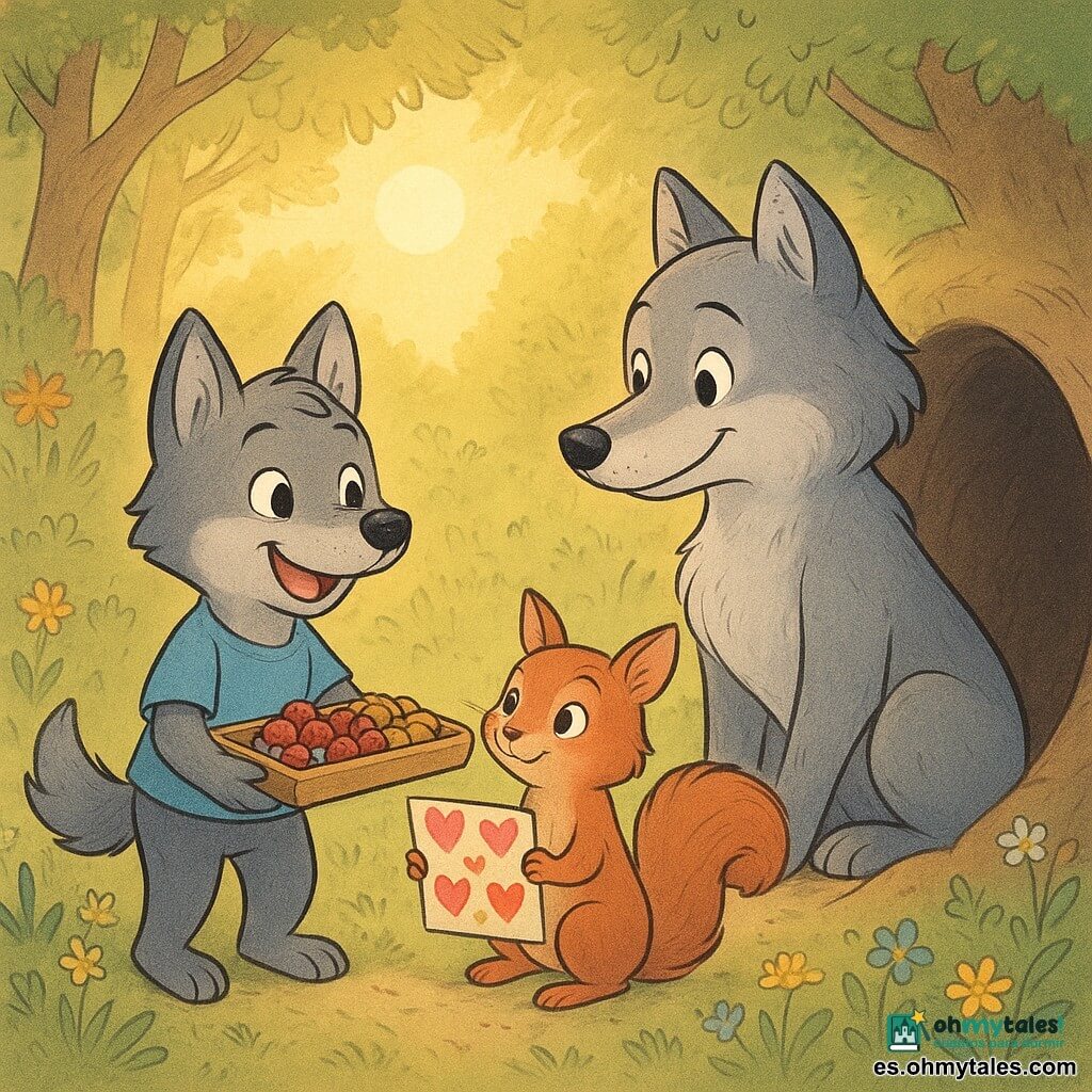 El personaje principal es un pequeño lobo llamado Lupo, con un pelaje gris suave y ojos brillantes de alegría. Está presentando una bandeja de desayuno llena de bayas rojas y nueces a su mamá, con una gran sonrisa en su rostro. Junto a Lupo, está Tris, una ardilla traviesa con pelaje rojizo y una cola esponjosa, sosteniendo una tarjeta colorida llena de corazones. Ella mira a Lupo con complicidad y orgullo. La escena tiene lugar en la entrada de una madriguera, rodeada de flores silvestres y rayos de sol matutinos filtrándose a través de los árboles. La situación principal muestra a Lupo y Tris ofreciendo su sorpresa a mamá lobo, quien los mira con ojos brillantes de gratitud, sentada justo frente a la entrada de la madriguera.