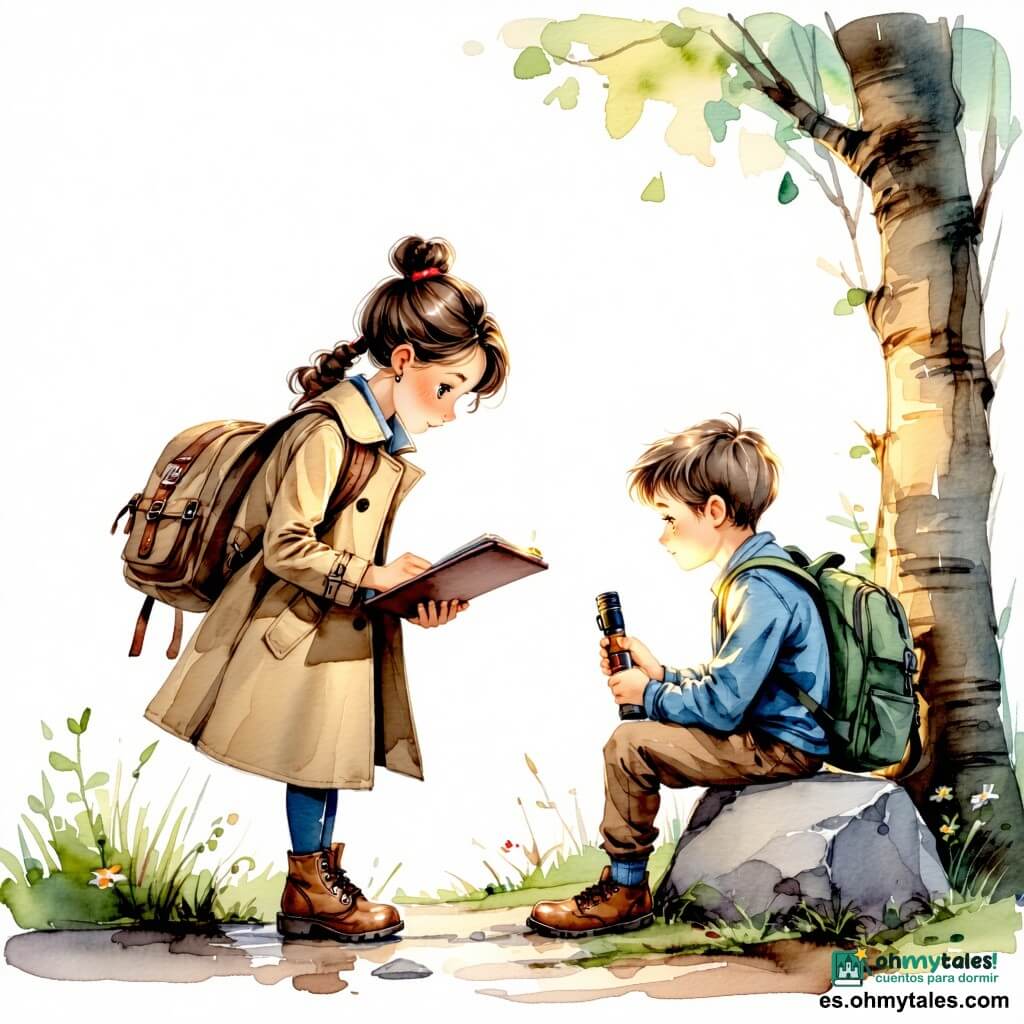 Una detective (Clara), rostro decidido y amable, con gabardina beige aún húmeda, cabello castaño recogido, sostiene un cuaderno y una linterna encendida junto a una piedra en el sendero; un joven (Mateo, 23 años) de cabello rubio alborotado, chaqueta vaquera y mochila verde a su lado, sentado en la piedra con expresión aliviada y pálida, se toca la cabeza como tras una caída; una anciana (señora Ortega, ~70) de vestido de flores y cárdigan claro pone la mano en el hombro de Mateo, preocupada pero tierna; un anciano (Ramón, ~80) pequeño y encorvado, con chaqueta gris y sombrero, sentado en un banco algo apartado sostiene una foto en blanco y negro con manos temblorosas y mirada emocionada; escenario: sendero junto a un río al atardecer con agua dorada, hojas muertas, banco y piedras mojadas por la lluvia; momento de reencuentro y calma tras una investigación, Clara consulta notas mientras la familia se reúne, ambiente íntimo, colores cálidos y suaves, gotas de lluvia visibles.