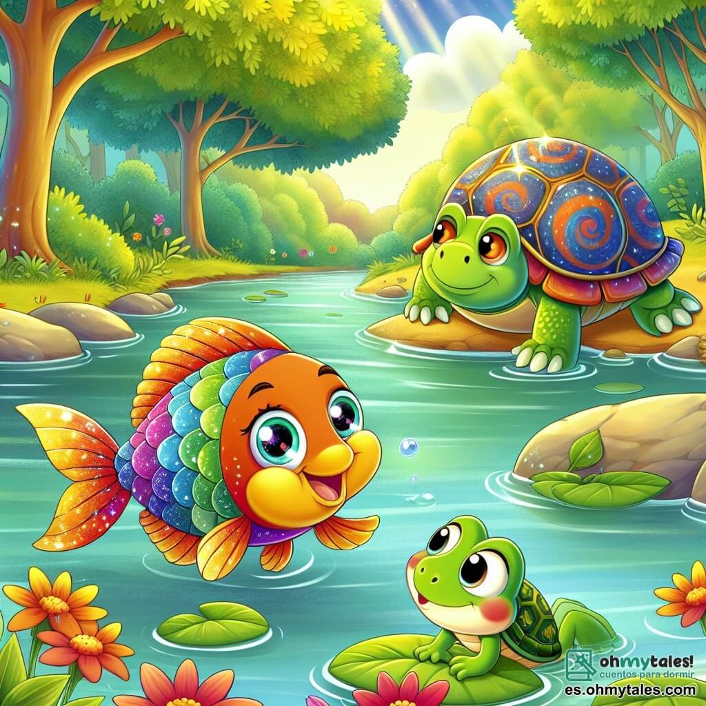Un pez colorido, con escamas brillantes como un arcoíris, nada alegremente en un arroyo claro, con ojos brillantes de curiosidad y una sonrisa radiante, observando su entorno con asombro. A su lado, una pequeña rana verde, con ojos redondos y vivos, salta de hoja en hoja, mostrando una expresión de determinación, lista para ayudar a su amigo en su misión. No muy lejos, una tortuga sabia, con un caparazón decorado con patrones naturales, observa atentamente, su rostro sereno y reflexivo, sentada en una roca al borde del arroyo, mirando la escena con aire de mentor. El lugar es un hermoso arroyo rodeado de vegetación exuberante, con flores coloridas a lo largo de las orillas y árboles majestuosos que ofrecen sombra, todo bañado por la luz dorada del sol que se filtra a través de las hojas. La situación principal muestra al pez, la rana y la tortuga unidos en su misión de limpiar el arroyo y plantar semillas, simbolizando su compromiso de proteger su hábitat y luchar contra el cambio climático.