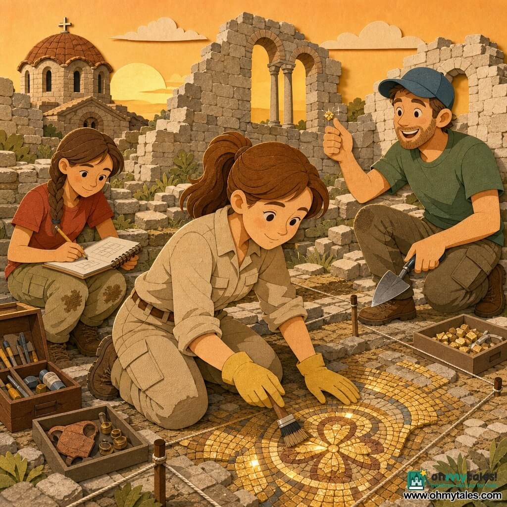 Smiling, serene female archaeologist with a round face, brown hair in a ponytail, beige excavation outfit and yellow gloves kneels and gently brushes golden mosaic tiles with a small brush; Leo, a man of about 30 in a blue cap and green t-shirt, stands slightly behind and right, holding a small trowel and pointing to a shiny tessera he found; Sara, about 16, with mud on her knees, sits left of the woman with an open notebook sketching a ground plan near a conservation box. The scene is a calm excavation at the ruins of a Byzantine monastery on a hill—broken light stone walls, large window openings, grass between slabs, glittering mosaic fragments and a soft sunset—ropes form grid squares, tools and small finds are neatly arranged, and warm golden light highlights the tesserae. Visual style: clean cut-paper look, flat contrasting colors, paper textures for stone, fabric and mosaic, thin black outlines, warm, child-friendly composition.