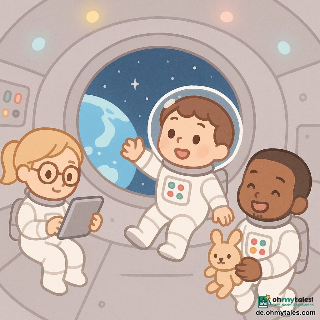 Ein lächelnder, erstaunter Astronaut (~35, männlich) mit rundem Gesicht und kurzen braunen Haaren unter transparentem Helm in weißem Raumanzug mit bunten Knöpfen schwebt leicht in Schwerelosigkeit und streckt die Hand zum runden Bullauge; eine Ingenieurin (~32, weiblich) mit blonden Pferdeschwanz und runden Brillen überprüft ein glänzendes Tablet am linken Kontrollpult des Protagonisten; ein Teamkollege (~28, männlich) mit dunkler Haut und kurzem Bart lacht leise und hält ein kleines, schwebendes Plüschtier; Ort: gemütliches, rundes Raumschiffinterieur mit weichen grauen Wänden, pastellfarbenen LED‑Lichtern, pastellfarbenen Knöpfen und sauberen Kabeln, großem Bullauge mit Blick auf die blaue Erde und klare Sterne; Hauptsituation: die Crew schwebt zusammen, warme und abenteuerliche Atmosphäre, Komposition zentriert auf das Bullauge mit der Erde im Hintergrund, lebhafte Farben, einfache Formen, weiche Konturen, minimalistischer Kawaii‑Stil, fröhlicher und beruhigender Ausdruck