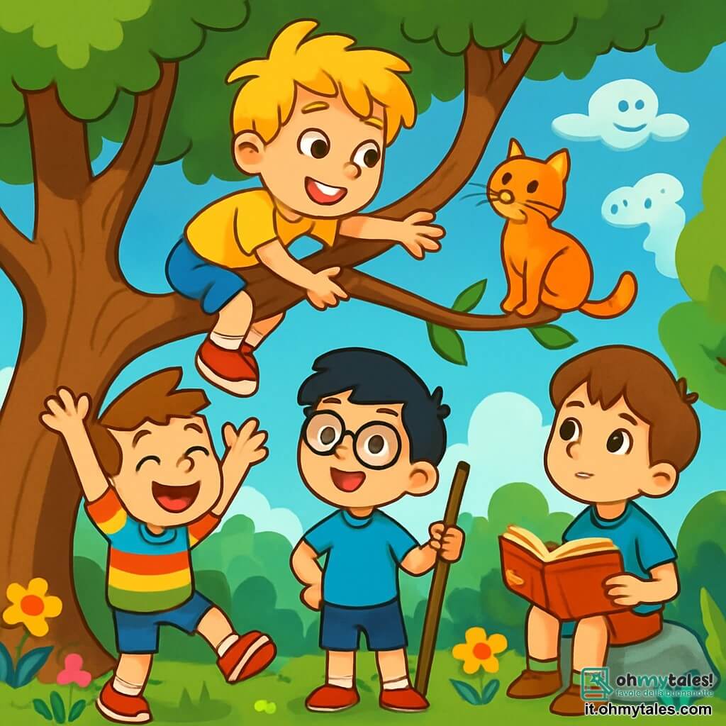 Ci sono 4 bambini: - Filippo: un ragazzo di 5 anni con capelli biondi disordinati, occhi brillanti e un grande sorriso, è arrampicato su un ramo d'albero, allungando la mano verso un gatto. - Marco: un ragazzo di 5 anni con capelli castani e lentiggini, indossa una maglietta a righe colorata e salta di gioia ai piedi dell'albero, con le braccia alzate. - Luca: un ragazzo di 5 anni con capelli neri e occhiali rotondi, si appoggia a un bastone magico, sorridendo e incoraggiando Filippo dal basso. - Gianni: un ragazzo di 5 anni con capelli castani e uno sguardo sognante, è seduto su una pietra, tiene un libro aperto e immagina avventure mentre osserva i suoi amici. La scena si svolge in un giardino magico, pieno di fiori colorati che sembrano danzare al vento, circondato da alberi maestosi con tronchi contorti e un cielo blu brillante punteggiato di nuvole a forma di creature fantastiche. La situazione principale mostra Filippo in cima all'albero, che cerca di prendere Fiocco, il gatto della signora Rosa, seduto su un ramo, mentre gli altri bambini lo incoraggiano con entusiasmo, creando un'atmosfera gioiosa e avventurosa.