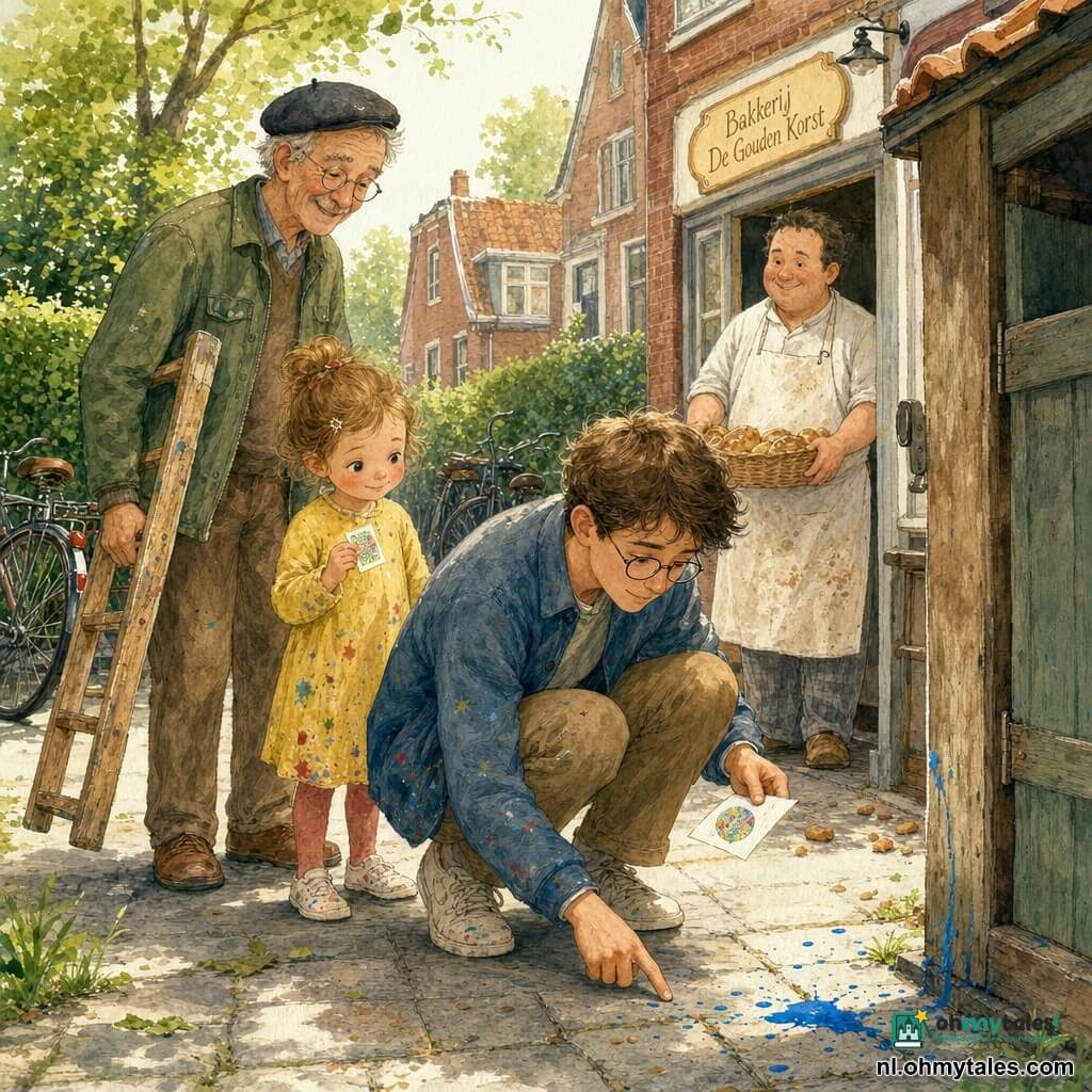 Een jonge slanke man met kort bruin haar en ronde bril hurkt geconcentreerd bij een kleine blauwe verfvlek op de grond en houdt in zijn linkerhand een stuk papier met een kleurrijke sticker; een ongeveer vijfjarig meisje met roze wangen draagt een geel met verf bevlekt jurkje en toont verlegen een kleine meerkleurige etiket terwijl ze naast hem iets achteraan staat; een oudere wandelaar van circa 60 jaar met groene jas en baret, glimlachend en met een houten ladder onder de arm, staat achter het meisje links van de detective; een warme, rondere bakker van ongeveer dertig in een stoffig wit schort houdt een mand met broodjes bij een winkeldeur op de achtergrond rechts; locatie: een geplaveid buurtpad met kleine rode bakstenen huisjes, een houten schuurtje met halfopen deur, enkele fietsen tegen een haag en lichtgroene bomen; hoofdscène: de detective onderzoekt een glanzende verfspat bij de drempel van het schuurtje terwijl het meisje verlegen bekent en de wandelaar de ladder teruggeeft, rustige warme licht nieuwsgierige sfeer, zachte kleuren en scherpe details zoals verfspatten, sticker en broodkruimels.