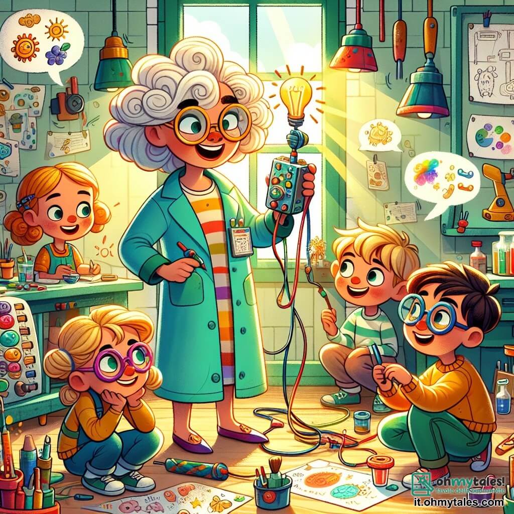 Clara, una donna di quarant'anni con capelli ricci e occhiali rotondi, è in piedi nel suo laboratorio colorato, con gli occhi che brillano di eccitazione. Indossa un camice macchiato di vernice e tiene in mano un piccolo dispositivo a forma di scatola, sorridendo con orgoglio. Accanto a lei, Marco, un ragazzo di 10 anni con capelli castani disordinati, osserva attentamente il dispositivo con aria curiosa, mentre Sara, una ragazza di 9 anni con trecce bionde, prende appunti su un quaderno, gli occhi pieni di entusiasmo. Leo, un bambino di 7 anni con guance rotonde e occhiali, è accovacciato, esaminando un cavo con una lente d'ingrandimento, concentrato. Il laboratorio è pieno di macchine strane, progetti appesi alle pareti e barattoli di vernice colorata, con i raggi di sole che filtrano dalle finestre, illuminando lo spazio in modo accogliente. La scena principale mostra Clara e i bambini mentre testano la loro invenzione, un dispositivo che traduce i suoni degli animali, con bolle di dialogo colorate che escono dall'apparecchio, illustrando le parole che gli animali potrebbero dire.