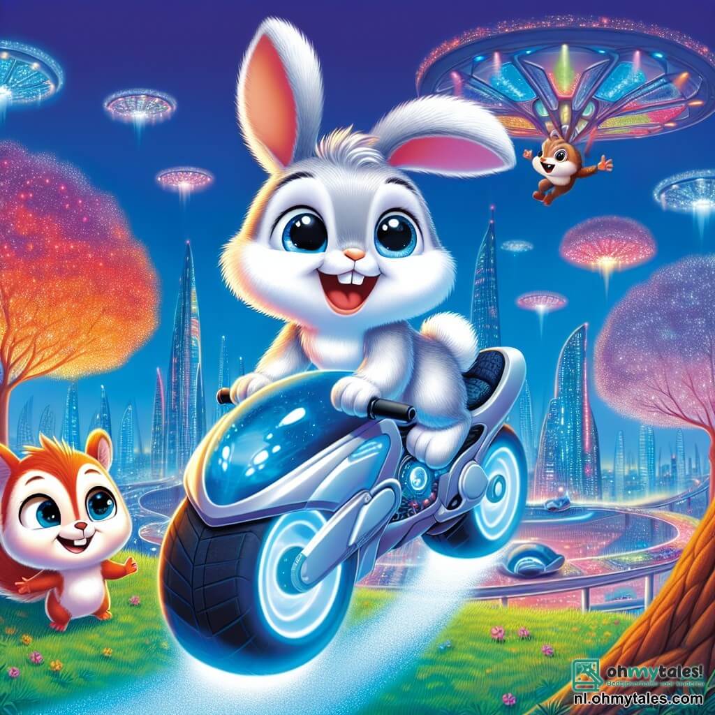 Een klein konijntje genaamd Kiko, met grote witte oren en zachte grijze vacht, glimlacht verwonderd terwijl hij op een prachtige blauwe en zilveren vliegende fiets zit die in de lucht zweeft. Kiko heeft sprankelende ogen van vreugde en zijn pootjes zijn uitgestrekt naar de lucht, alsof hij de wolken wil aanraken. In de buurt staat Pip, een klein eekhoorntje met rood haar en een pluizige staart, die Kiko bewonderend aankijkt. Pip heeft een grote glimlach en zijn ogen stralen van opwinding terwijl hij op een tak staat en een pootje opsteekt om zijn vriend te groeten. De achtergrond toont een futuristische stad met glinsterende glazen en metalen gebouwen, vliegende auto's die door de blauwe lucht glijden, en lichtgevende bomen die van kleur veranderen. Multicolore lichten verlichten de straten beneden en creëren een magische sfeer. Kiko test de vliegende fiets en zweeft vrolijk in de lucht, terwijl Pip hem aanmoedigt vanaf zijn tak, beiden vol enthousiasme en avontuur.