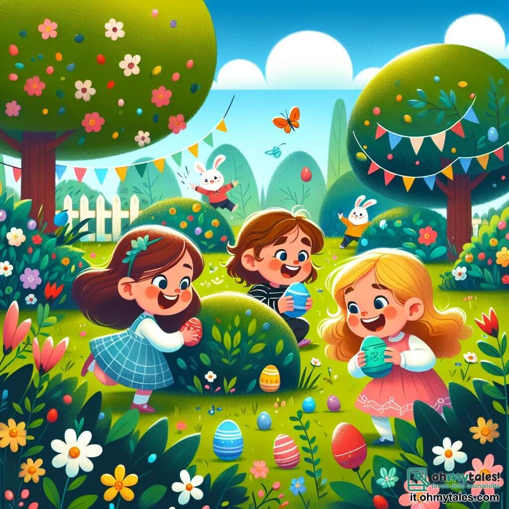 In un giardino soleggiato, tre bambine sono impegnate nella caccia alle uova di Pasqua. Sofia, una bambina di cinque anni con lunghi capelli castani e un grande sorriso, è accovacciata vicino a un cespuglio, tenendo un uovo colorato tra le mani. Alla sua sinistra, Chiara, una bambina di cinque anni con capelli biondi e ricci, indica con entusiasmo un uovo blu nascosto sotto una foglia. A destra, Anna, una bambina di cinque anni in abito rosa, salta di gioia scoprendo un uovo rosso vicino a un albero. Il giardino è pieno di fiori colorati, farfalle che svolazzano e un grande albero di mele, sotto il quale ci sono decorazioni pasquali come ghirlande di conigli e uova dipinte. Il cielo è di un blu brillante, punteggiato da nuvole bianche e soffici. Le tre amiche si divertono a cercare le uova di Pasqua, ridendo e ballando come piccoli conigli, creando un'atmosfera gioiosa e festosa.