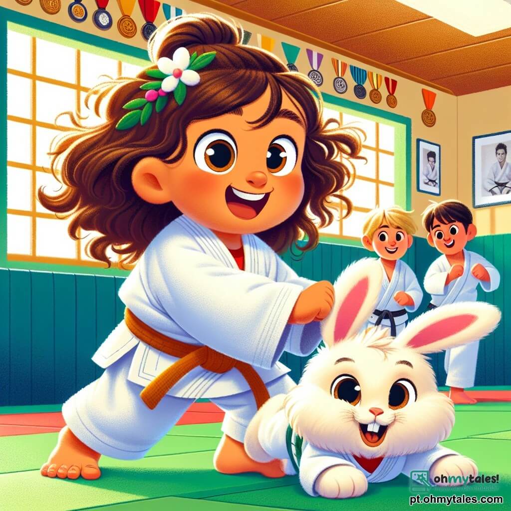 Uma menina de 4 anos, Lila, com grandes olhos brilhantes e cabelos cacheados, usa um quimono branco que flutua ao seu redor. Ela tem um sorriso alegre e parece determinada enquanto se prepara para fazer uma queda de judô em um tatame. Ao seu lado, um coelhinho travesso chamado Saltitão, com orelhas longas e pelos macios, salta alegremente, incentivando Lila com um grande sorriso. O dojo é cheio de cores vibrantes, com tatames verdes e paredes decoradas com medalhas e fotos de judocas famosos. Janelas deixam entrar a luz do sol, criando uma atmosfera calorosa e acolhedora. A cena mostra Lila treinando com entusiasmo, pronta para executar um movimento de judô, enquanto Saltitão a incentiva com gestos divertidos, ilustrando o espírito de equipe e a alegria do esporte.