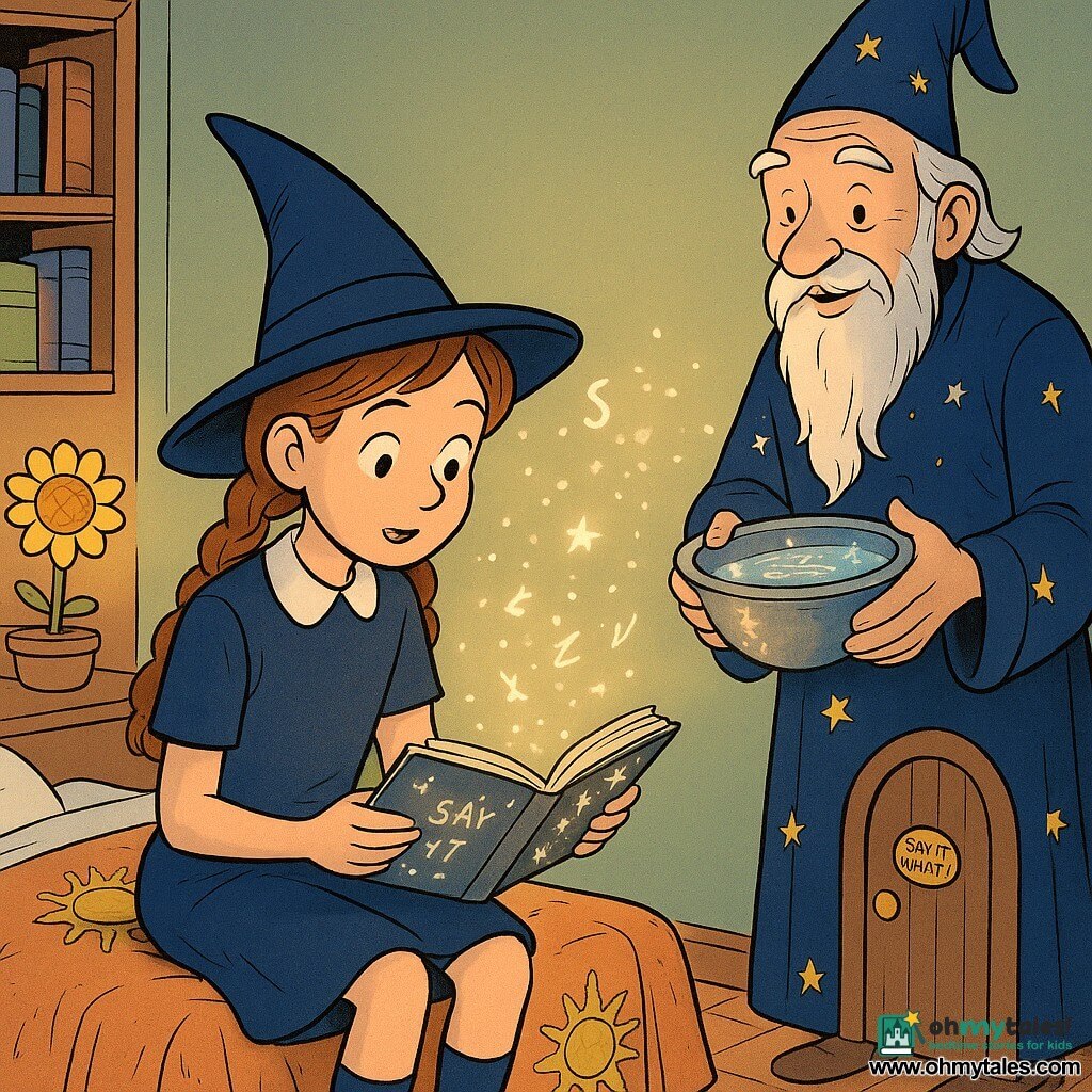 A young girl witch, about 10, with braided hair in a simple navy uniform and short dress, sits on the edge of her bed, amazed and focused, holding a small open spellbook whose letters glow pale yellow as she leans toward a tiny secret door in the pastel wall; an old wizard, about 70, in a star-embroidered midnight-blue robe with a long neat beard and a gentle smile, stands slightly behind her on a stool to her right, holding a bowl of water that reflects luminous words and pouring magical water to help; the warm child’s room has sun-patterned blankets, a sunflower lamp, neatly shelved books, light wood floors, and a small round door with a tiny knob marked SAY IT KINDLY; the main scene shows the witch lighting a small indoor lantern emitting floating luminous words in warm white, rose gold and silver, while the wizard’s water creates word reflections—soft magical ambiance, twinkling lights, non-threatening shadows, warm inviting tones.