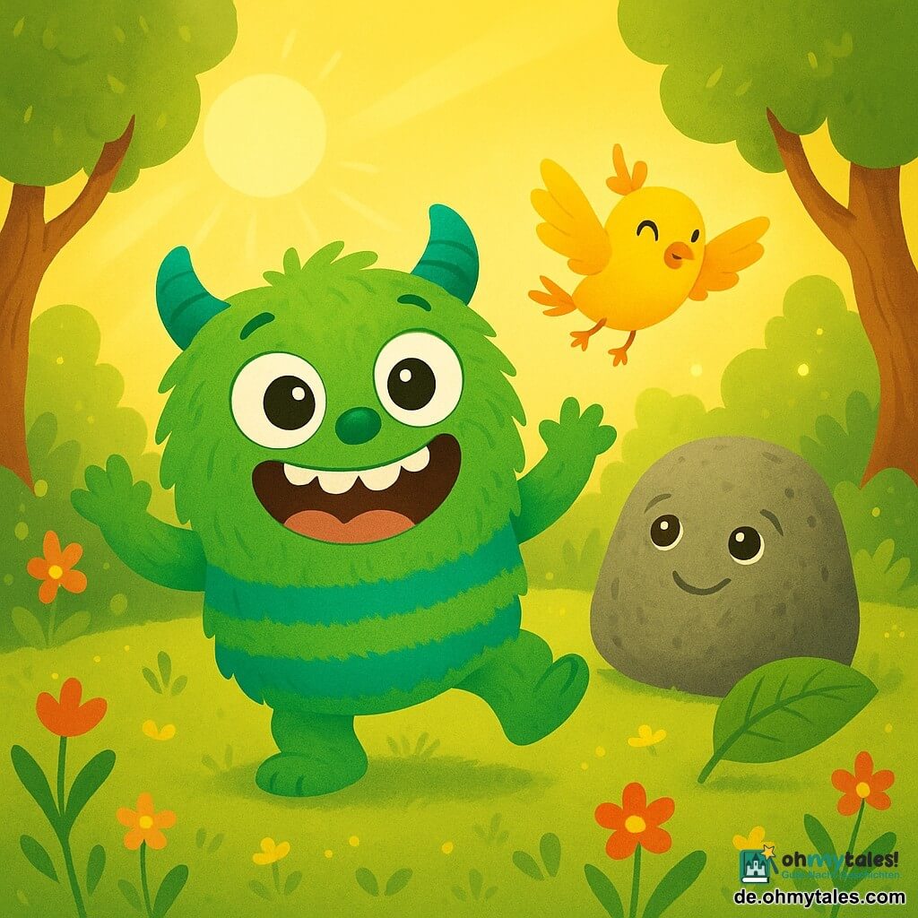 Molli, das Monster mit grünen und blau gestreiften Haaren, hat große, runde und fröhliche Augen. Er lächelt breit und zeigt seine wolkenförmigen Zähne, während er auf seinen flauschigen Pfoten in einer sonnigen Lichtung tanzt. Neben ihm fliegt Fips, der kleine Vogel, ein junger Männchen mit leuchtend gelbem Gefieder, fröhlich durch die Luft. Rollo, der große rollende Stein, ist ein freundlicher Charakter mit rauer Textur und kugelförmigen Augen, der direkt hinter Molli steht, bereit zu helfen. Die Szene spielt in einer verzauberten Lichtung, umgeben von schiefen Bäumen und bunten Blumen, die im Wind tanzen. Glühwürmchen funkeln um sie herum und verleihen der Umgebung einen magischen Touch. Molli und seine Freunde bereiten ein fröhliches Konzert vor, um ihre Freundschaft zu feiern, mit Instrumenten aus Blättern und Früchten, während ein Sonnenstrahl ihre kleine Gruppe erhellt und eine festliche, warme Atmosphäre schafft.