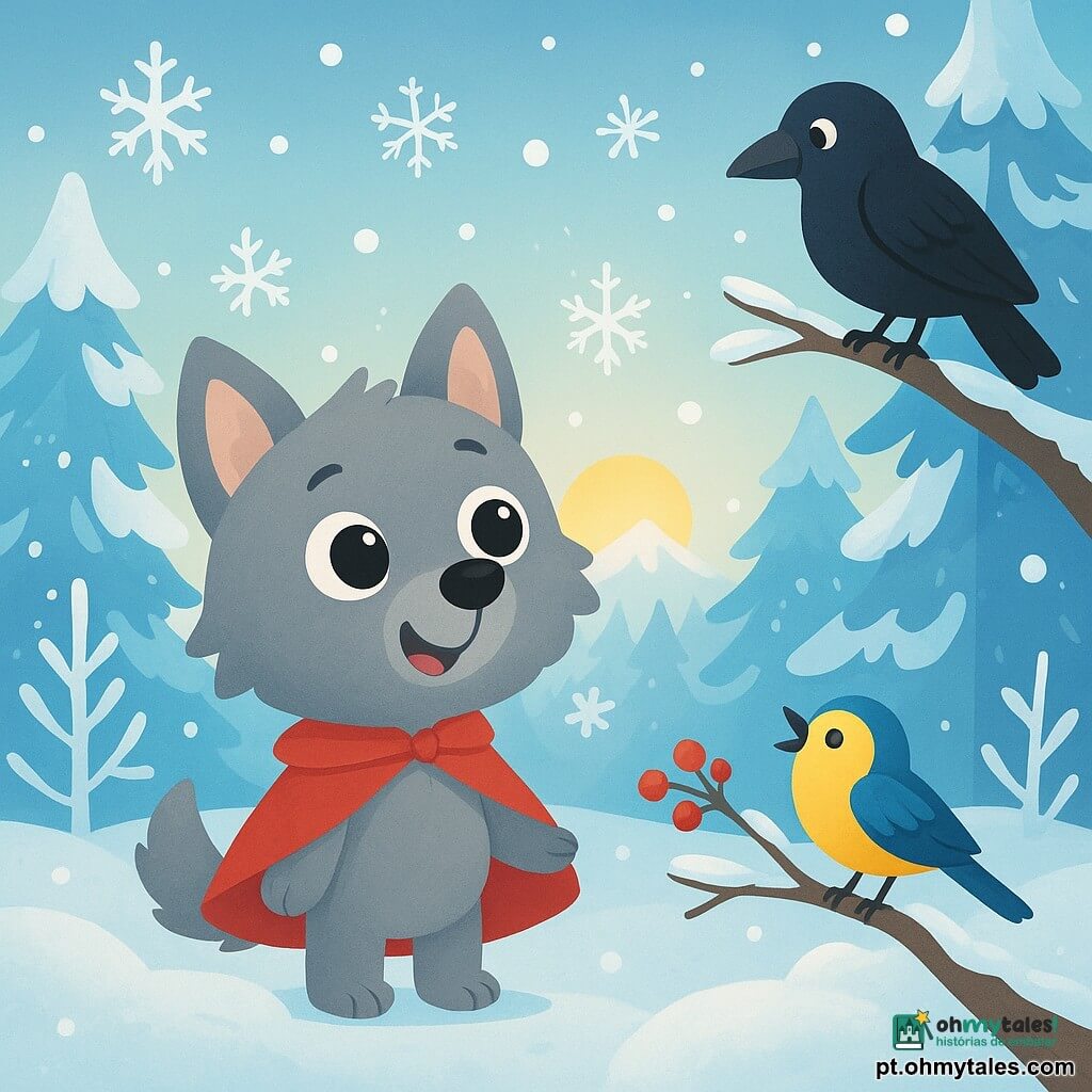 Um pequeno lobo de pelos cinzentos e macios, com grandes olhos curiosos e um sorriso alegre, usa uma pequena capa vermelha. Ele está no meio de uma floresta nevada, admirando os flocos de neve que caem ao seu redor. Ao seu lado, um pequeno pássaro com penas amarelas e azuis, de ar brincalhão, bica frutas em um galho, cantando alegremente. Mais adiante, uma majestosa corvo preto, empoleirada em uma árvore, observa a cena com um olhar sábio e amigável. A floresta está coberta por uma espessa camada de neve cintilante, com árvores com galhos carregados de geada, criando uma atmosfera mágica e pacífica. O pequeno lobo e o pássaro compartilham um momento de alegria, admirando juntos a beleza do inverno, enquanto o sol se esconde atrás das montanhas, projetando uma suave luz dourada sobre a paisagem.