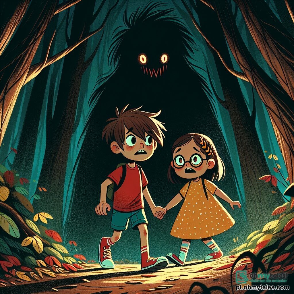 Luan, um menino de cabelos castanhos bagunçados e olhos curiosos, está à beira de uma floresta sombria, com uma expressão de determinação e um pouco de medo. Ele usa uma camiseta vermelha e um short azul, avançando corajosamente, segurando a mão de sua melhor amiga. Ana, uma menina de cabelos longos e loiros com uma trança de lado, exibe uma expressão de encorajamento. Ela veste um vestido amarelo com bolinhas e está ao lado de Luan, pronta para acompanhá-lo nessa aventura assustadora. O lugar é uma floresta densa, com árvores retorcidas criando sombras inquietantes no chão coberto de folhas secas. Sons estranhos ressoam no ar, adicionando mistério e suspense. A situação principal mostra Luan e Ana diante de uma enorme sombra ameaçadora que bloqueia seu caminho, uma criatura com olhos vermelhos brilhantes e um sorriso aterrorizante, enquanto se seguram as mãos, prontos para enfrentar o medo juntos.