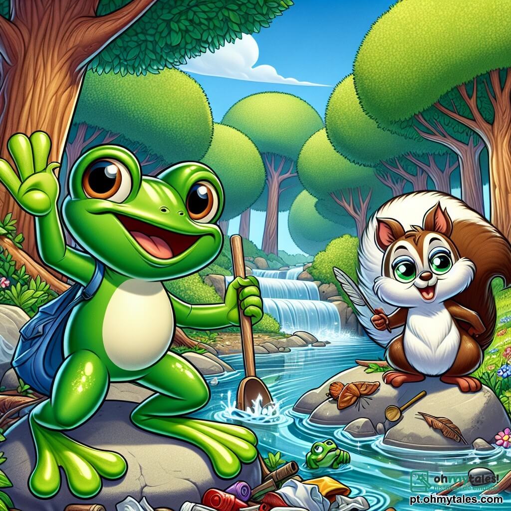 Um pequeno sapo verde chamado Zico, com grandes olhos redondos e um sorriso alegre, está em cima de uma pedra à beira de um riacho cintilante, recolhendo lixo com entusiasmo. Ao seu lado, um esquilo marrom chamado Tico, com uma cauda fofa e olhos brilhantes, o encoraja levantando uma pata, mostrando uma expressão determinada. Mais adiante, uma coruja sábia, com penas brancas e marrons, observa a cena com um olhar benevolente, pronta para dar conselhos. Ao fundo, uma floresta exuberante, com árvores majestosas de folhas verdes brilhantes, flores coloridas espalhadas pelo chão e um céu azul claro salpicado de nuvens brancas e fofas. Nesta cena, Zico e seus amigos se unem para limpar a floresta, simbolizando a importância da proteção da natureza.
