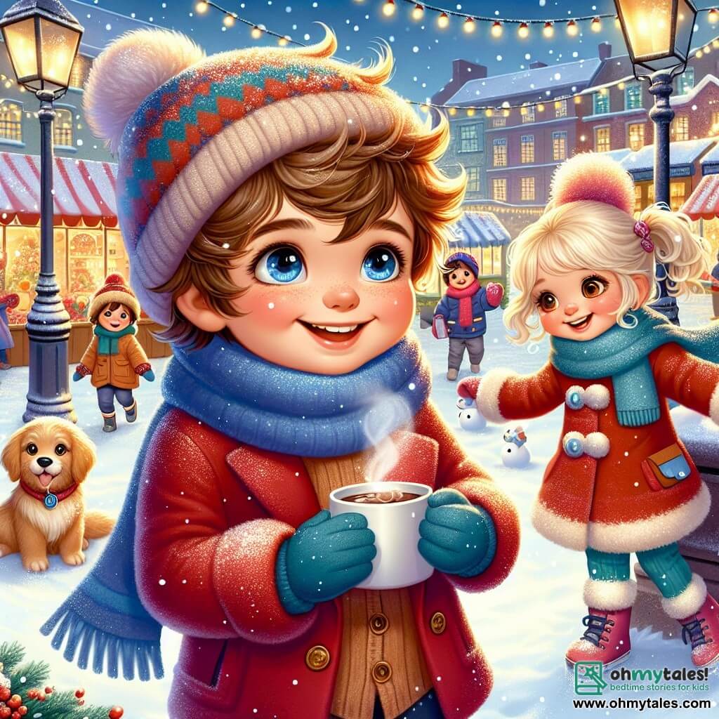 A 7-year-old boy named Oliver, with messy brown hair and sparkling joyful eyes, stands at the center of the scene, a big smile lighting up his face. He wears a bright red coat, a blue scarf, and a knitted hat, while holding a steaming cup of hot chocolate in his hands. Next to him is his little sister Lily, a 5-year-old girl with blonde curls and rosy cheeks, playfully making snowballs with mischievous eyes. Their golden retriever, Goldie, is slightly behind, wagging its tail and curiously watching the children play. 

The scene takes place in the charming Pineville square, where snowflakes gently fall from the sky, covering the ground with a thick layer of sparkling snow. Street lamps decorated with twinkling lights illuminate the area, while colorful Winterfest stalls filled with treats and festive decorations are visible in the background. 

The main situation depicts Oliver and Lily enjoying the magical moment of winter, laughing and playing together in the snow, surrounded by the joyful atmosphere of the winter festival.