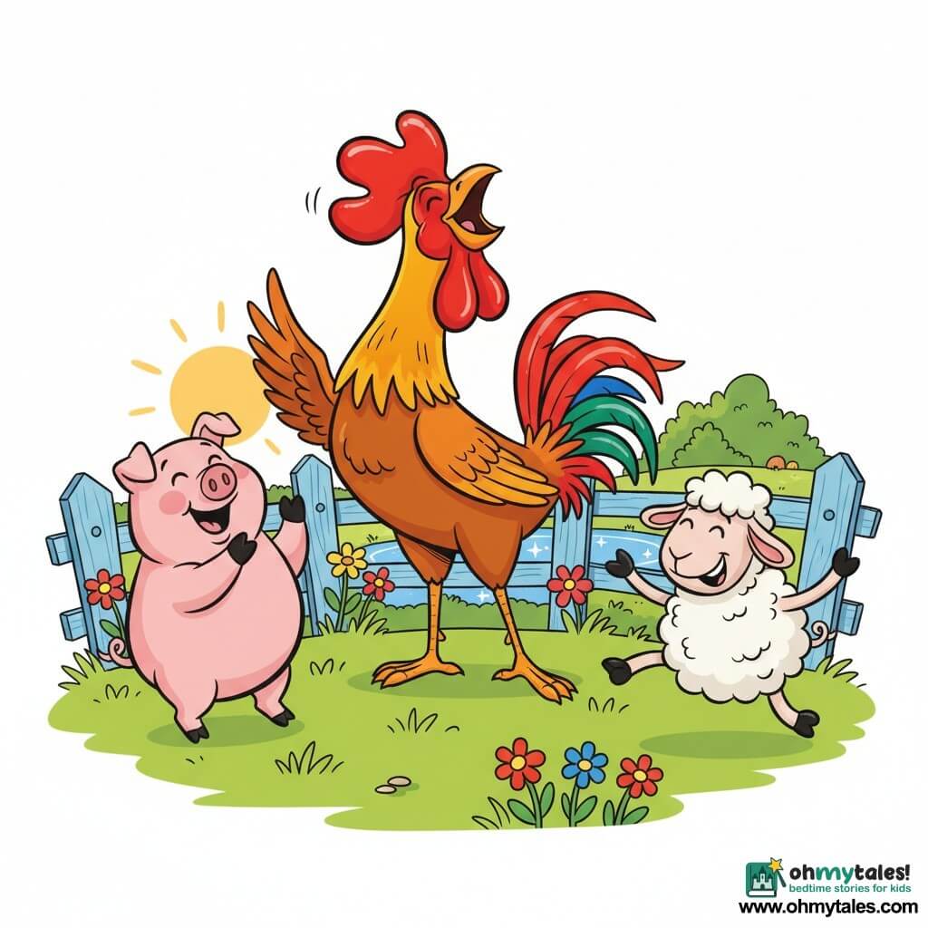 A colorful rooster with bright red, orange, and yellow plumage and a shiny red comb stands center, joyful and triumphant, singing with head raised and wings slightly spread; to his left Benny, a round pink pig with rosy cheeks, laughs with one hoof raised as if clapping; to his right Sally, a fluffy white sheep with soft curls and a mischievous smile, skips on her hooves; sunny farmyard with green grass, colorful wildflowers, a blue wooden fence and a shimmering pond; clear textures, soft outlines, exaggerated expressions, bright contrasting colors, and simple shapes suited for toddlers.